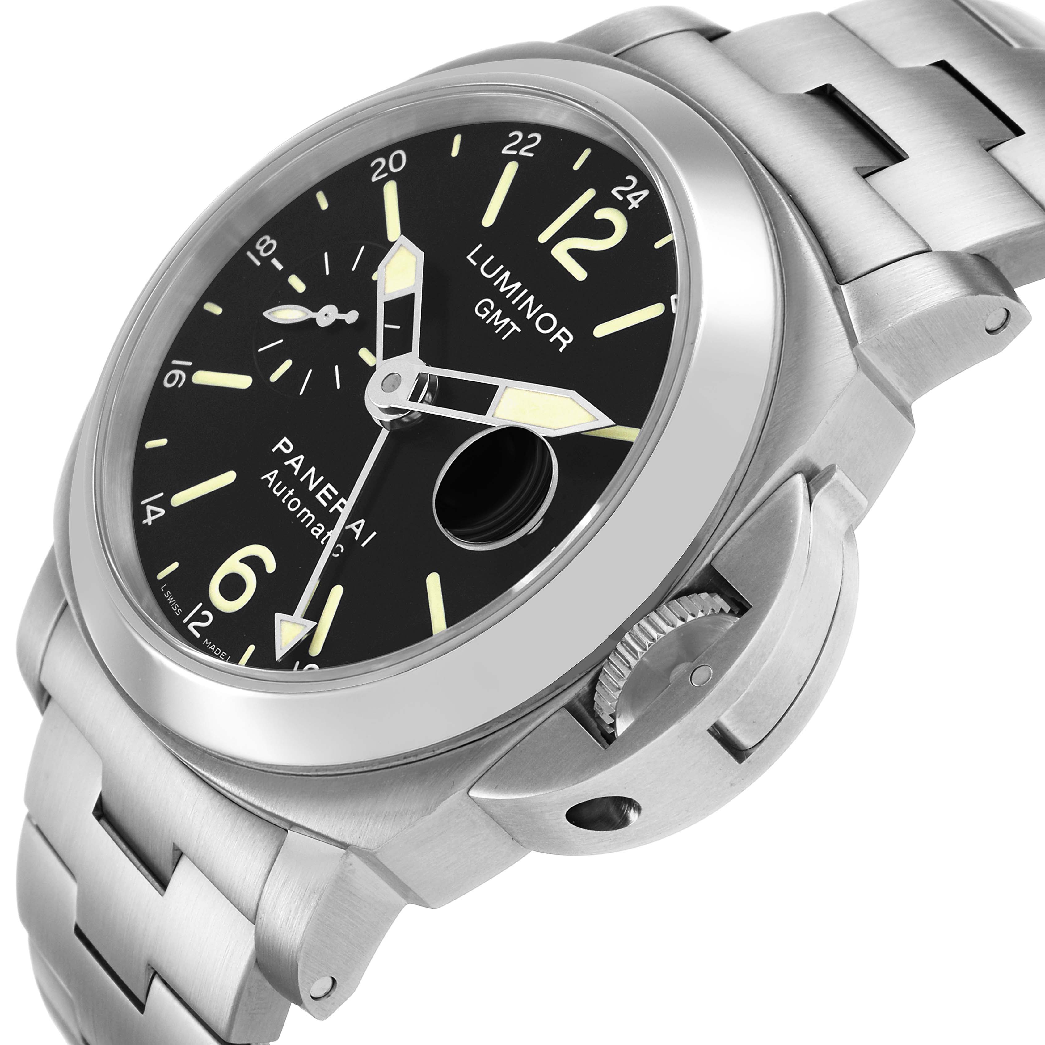 The Panerai Luminor PAM00297 Men's Stainless Steel Black Dial watch is shown at an angle highlighting the dial, case, crown guard, and part of the bracelet.