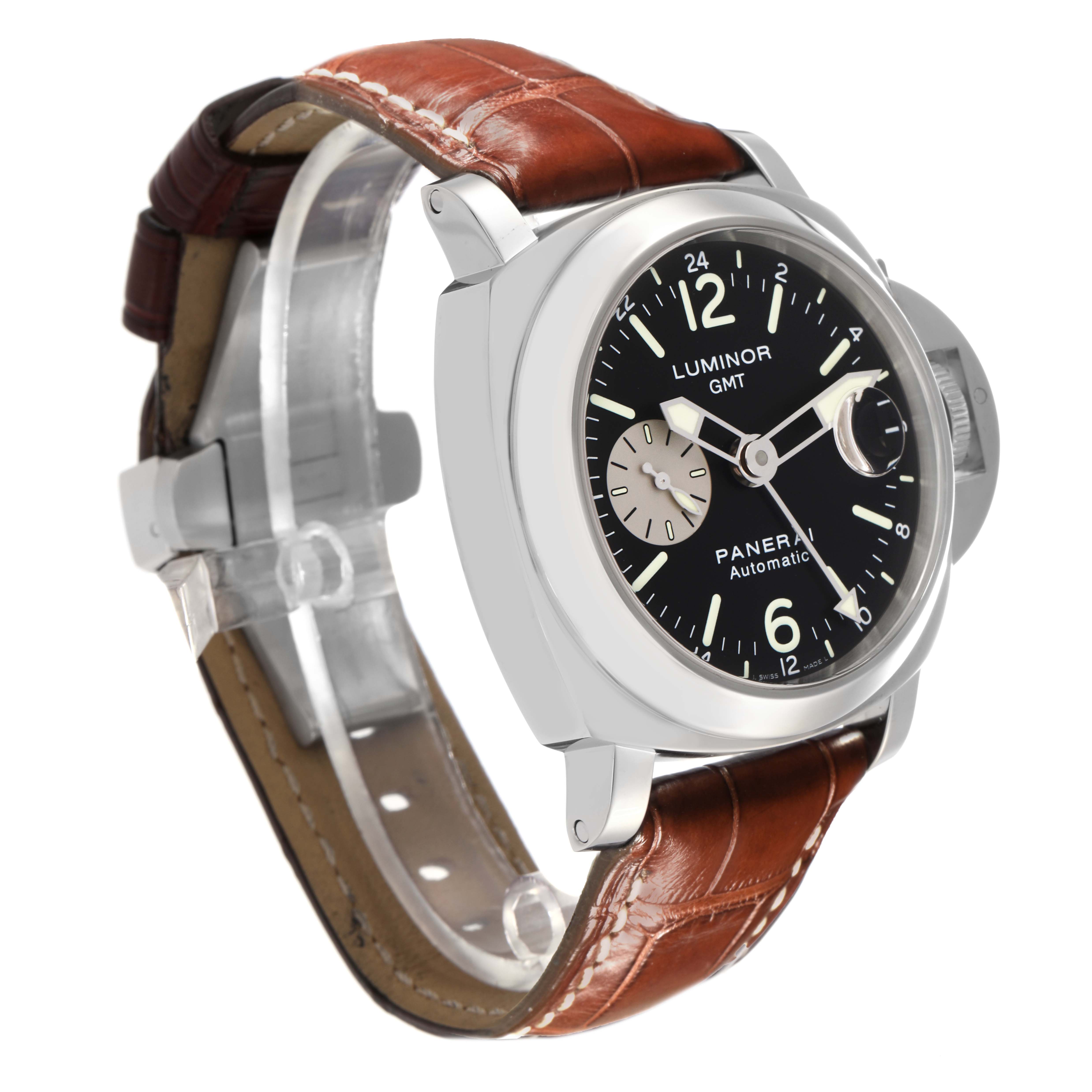The Panerai Luminor PAM00088 Men
s Stainless Steel Black Dial PAM00088 Men
s Stainless Steel Black Dial watch is shown at a three-quarter angle, highlighting the face, crown guard, and leather strap.