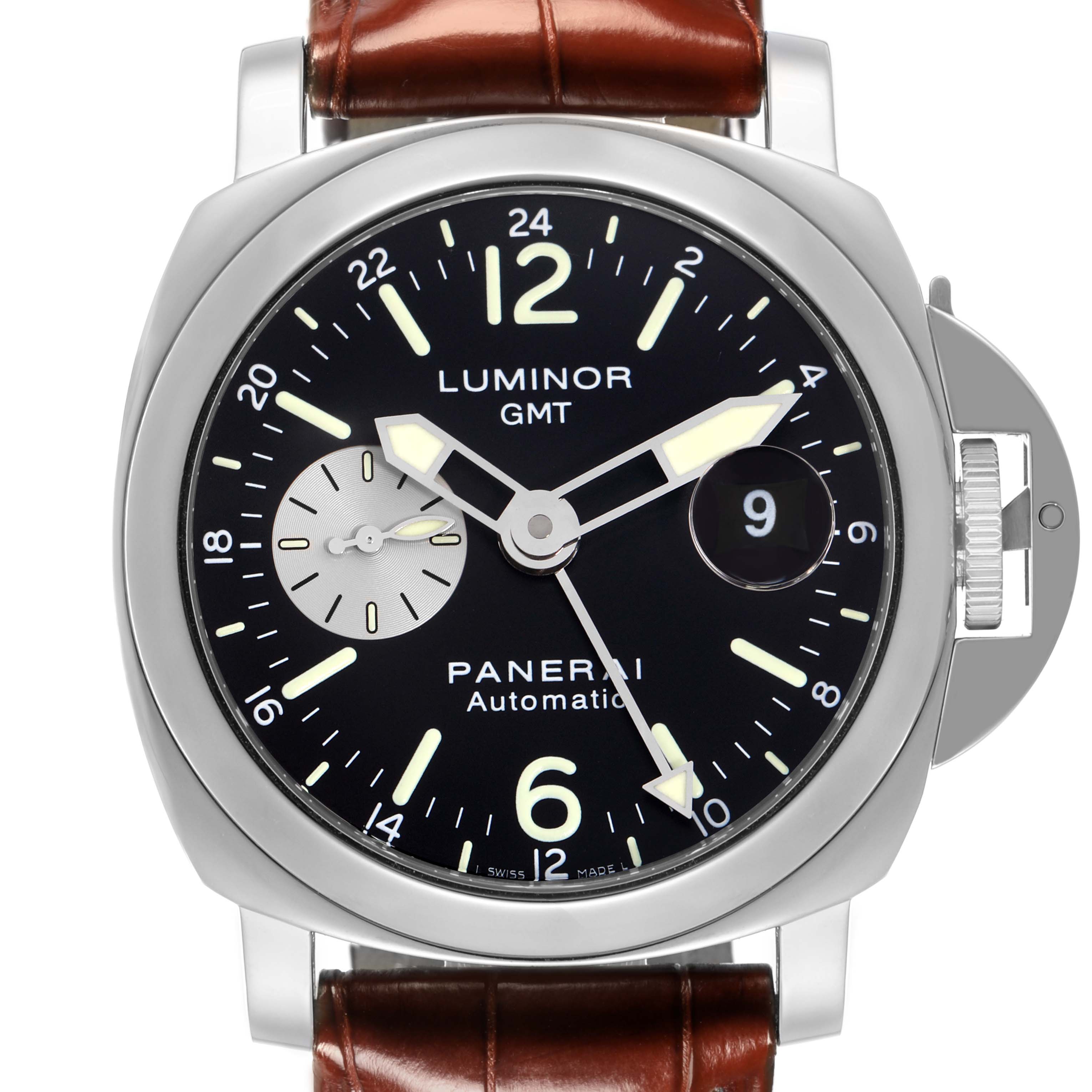 The Panerai Luminor PAM00088 Men
s Stainless Steel Black Dial PAM00088 Men
s Stainless Steel Black Dial watch is shown from the front, highlighting its dial, markers, hands, and crown guard.