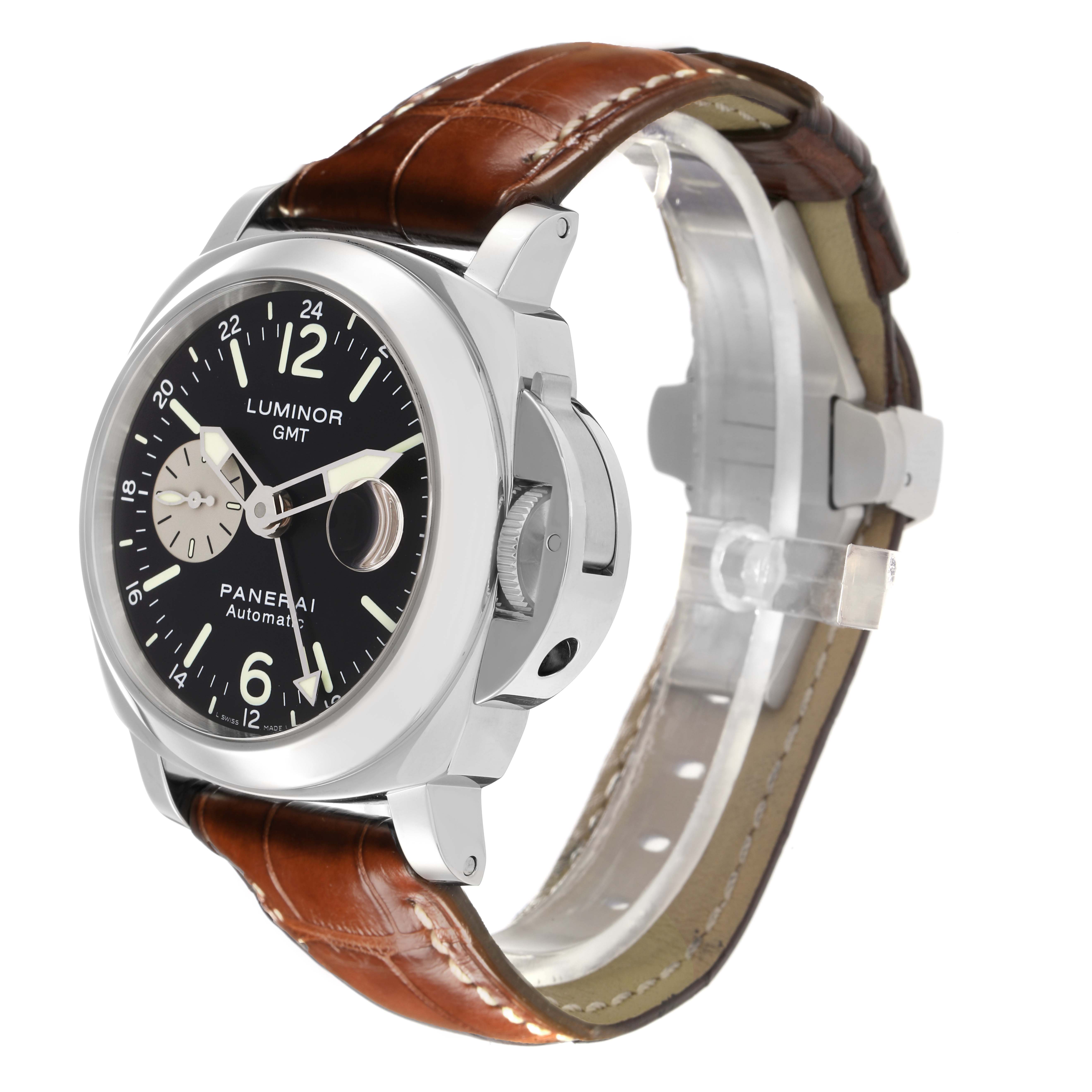 The Panerai Luminor PAM00088 Men
s Stainless Steel Black Dial PAM00088 Men
s Stainless Steel Black Dial watch is shown at a front-side angle, displaying the face, crown, and brown leather strap.