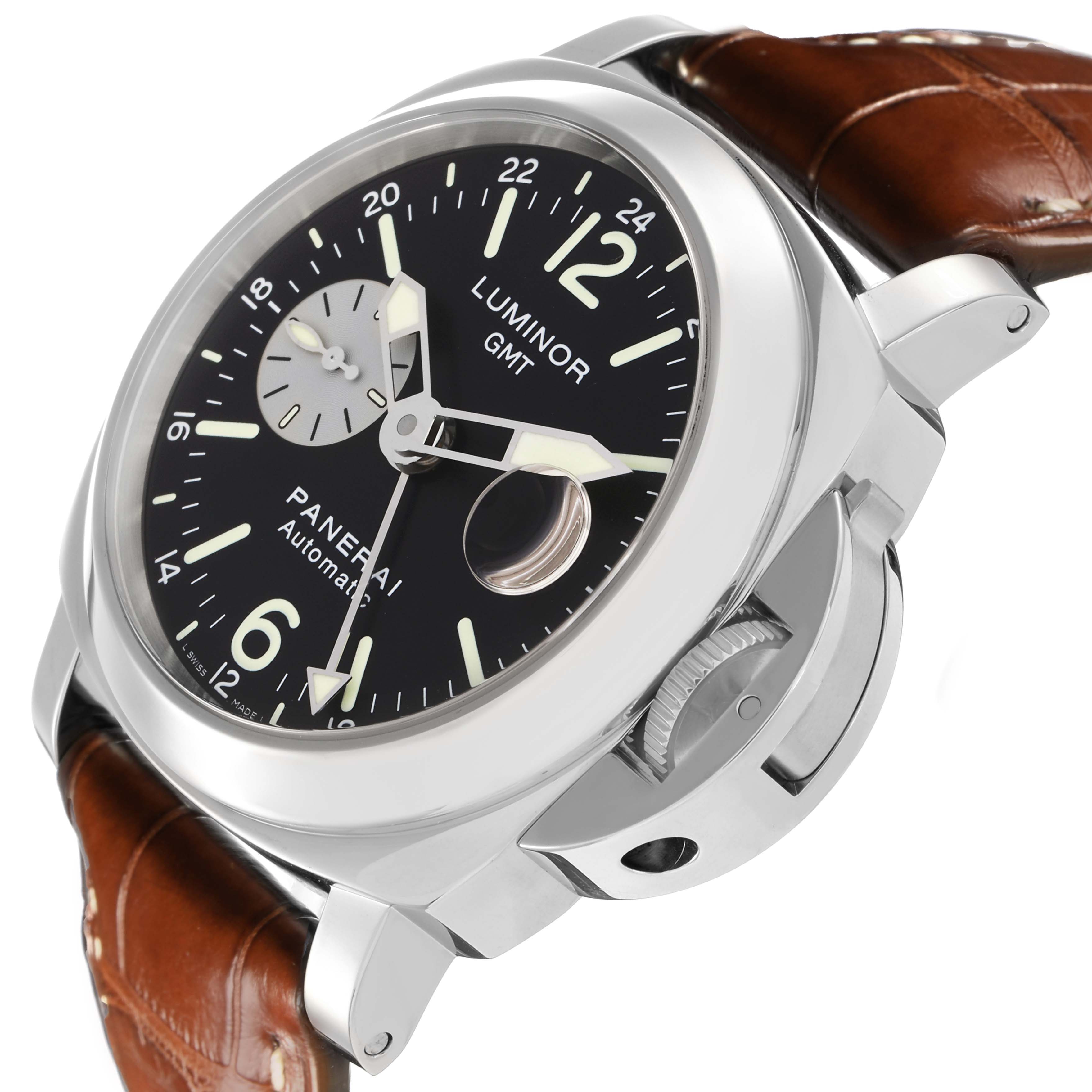 The Panerai Luminor PAM00088 Men
s Stainless Steel Black Dial PAM00088 Men
s Stainless Steel Black Dial watch is shown at a slight angle, highlighting the dial, crown guard, and leather strap.