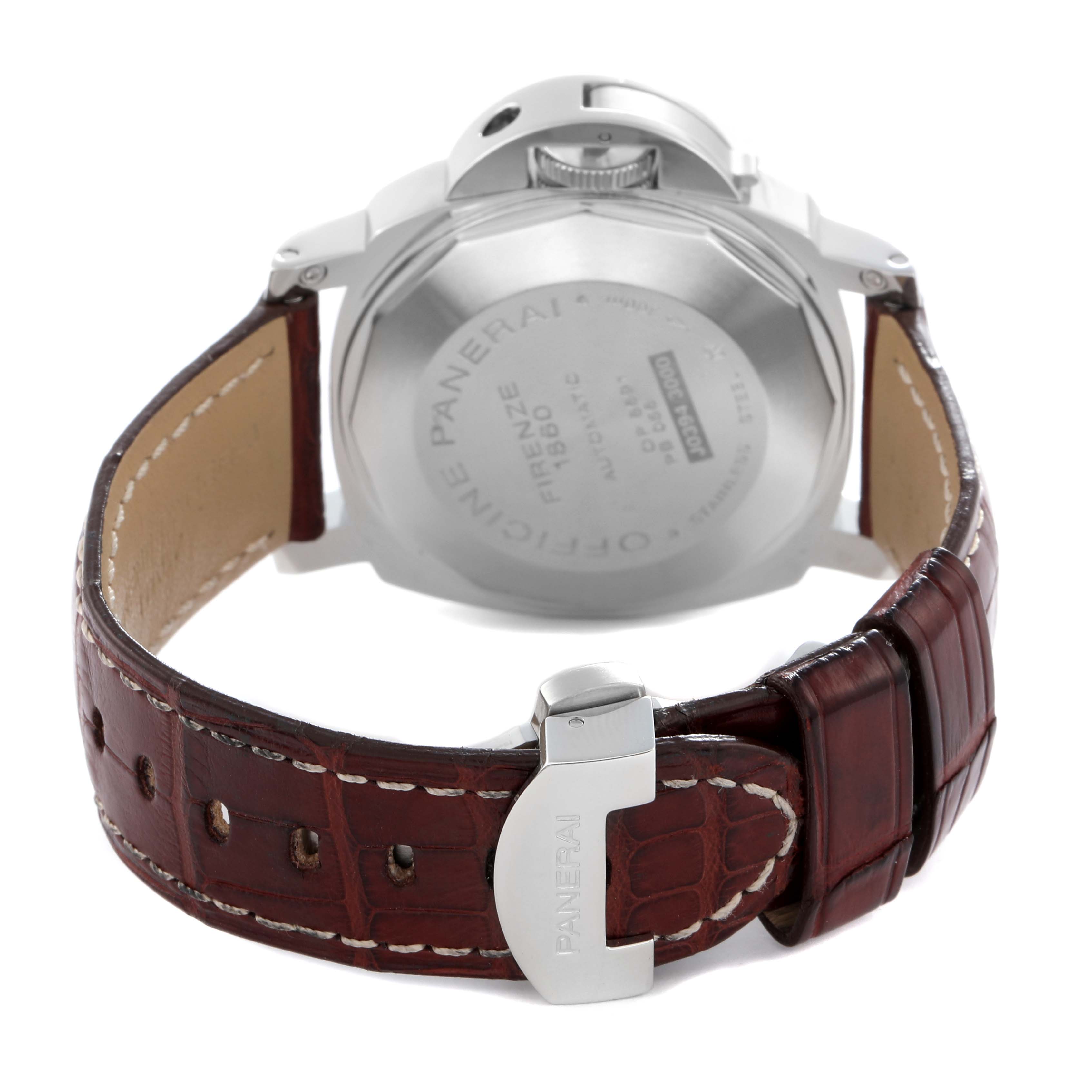 The image shows the back of a Panerai Luminor PAM00088 Men
s Stainless Steel Black Dial PAM00088 Men
s Stainless Steel Black Dial watch, highlighting the watch case, clasp, and leather strap.