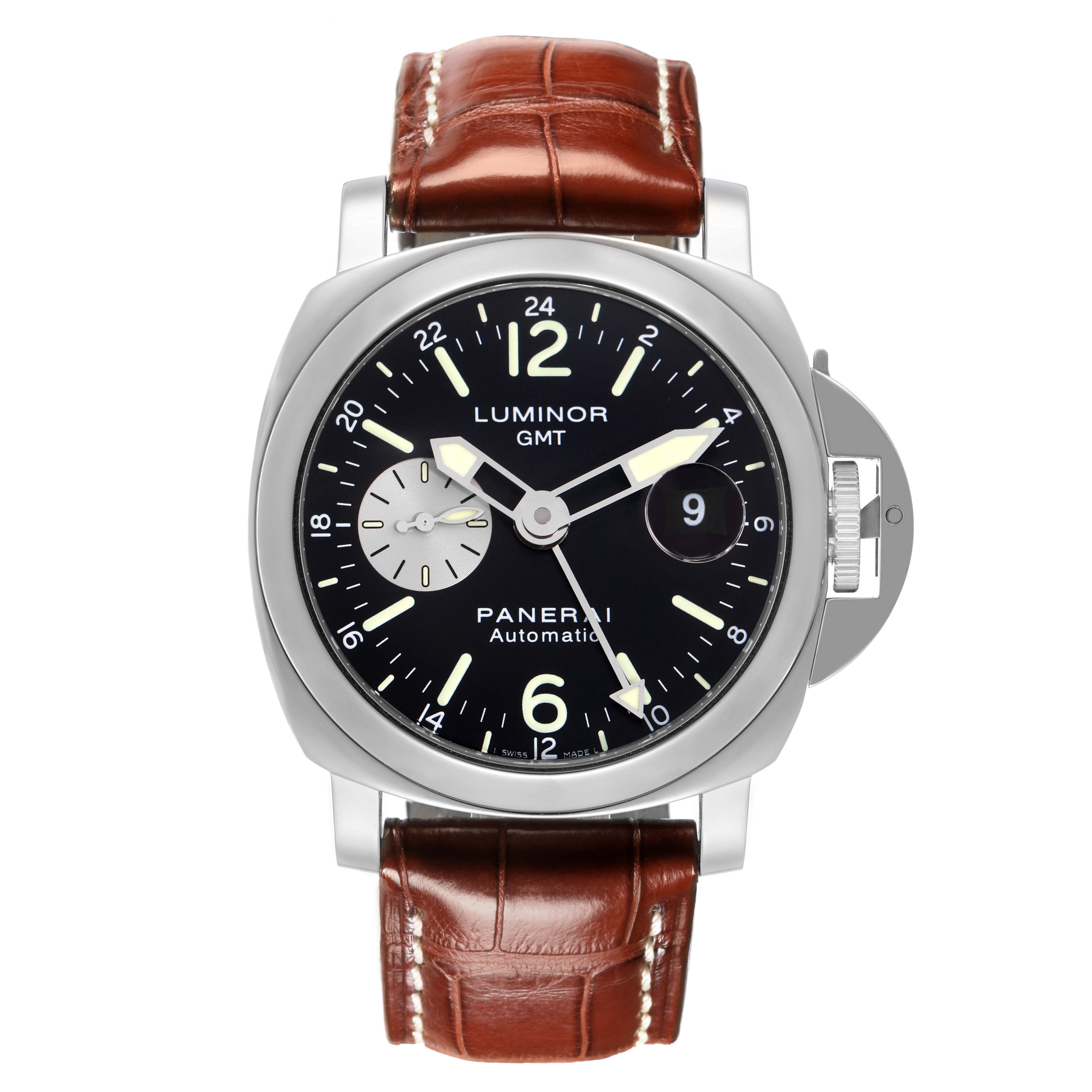 The image shows a Panerai Luminor PAM00088 Men
s Stainless Steel Black Dial PAM00088 Men
s Stainless Steel Black Dial watch from a front angle, displaying the dial, case, and leather strap.