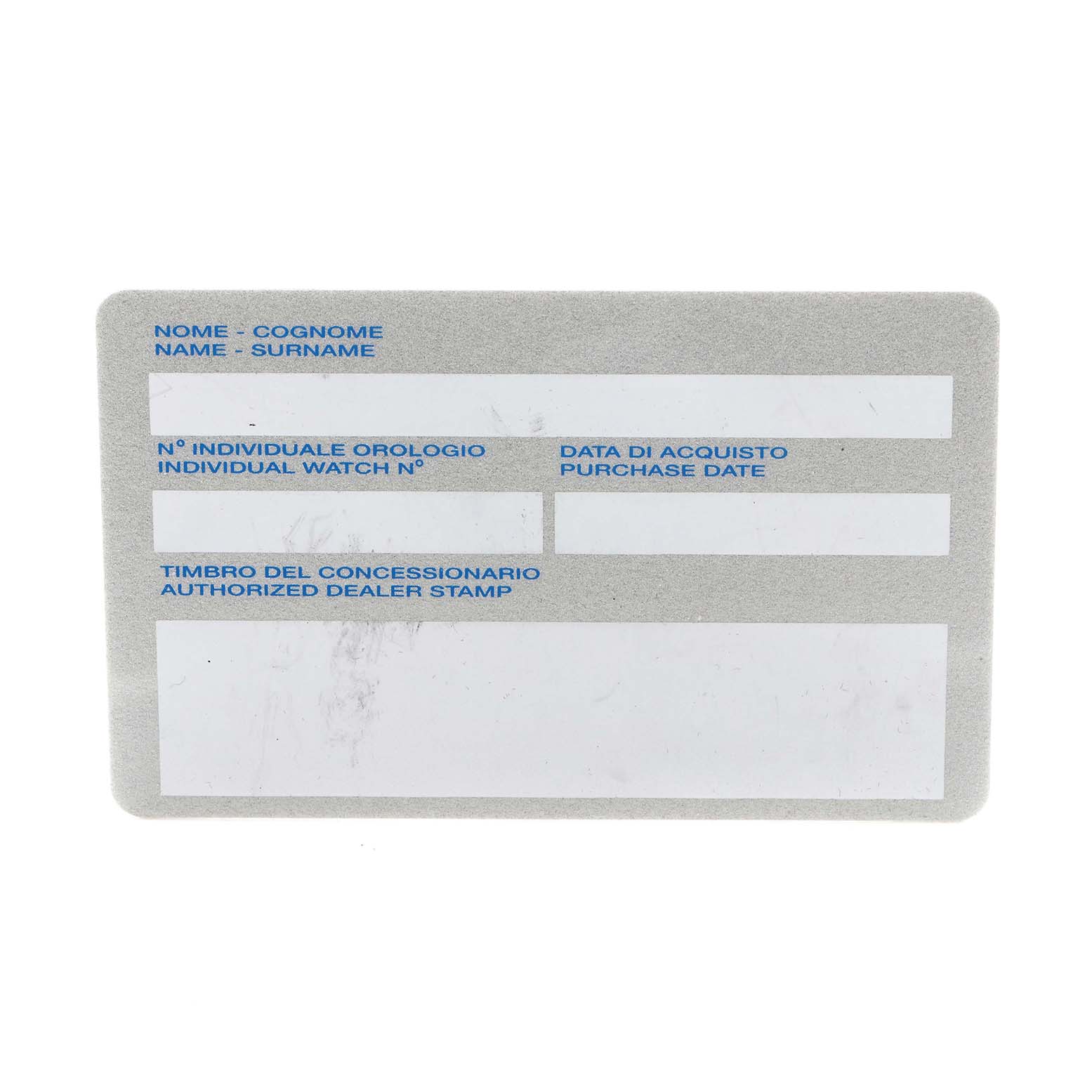 The image shows an authorized dealer card for the Panerai Luminor PAM00088 Men
s Stainless Steel Black Dial PAM00088 Men
s Stainless Steel Black Dial model, displaying information fields for registration.