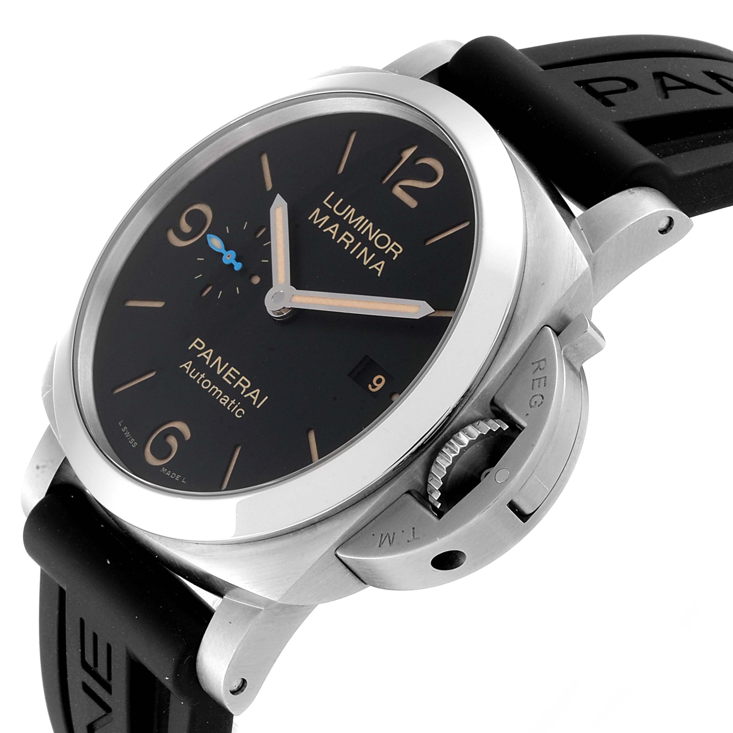 The Panerai Luminor PAM01392 Men
s Stainless Steel Black Dial PAM01392 Men
s Stainless Steel Black Dial model watch is shown at a three-quarter angle, displaying the dial, bezel, lugs, crown guard, and strap.