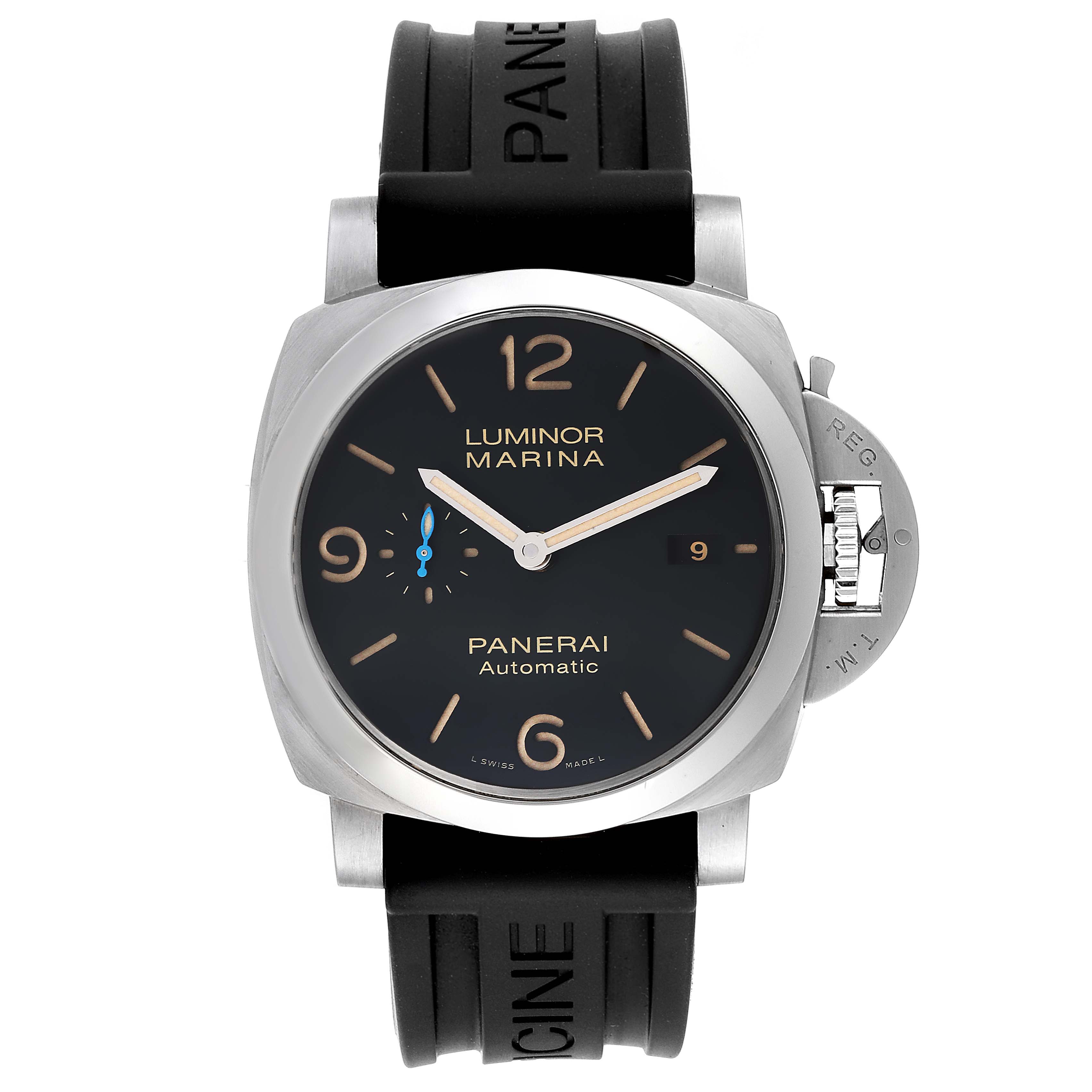 The image shows a front view of a Panerai Luminor PAM01392 Men
s Stainless Steel Black Dial PAM01392 Men
s Stainless Steel Black Dial Marina watch, highlighting its face, hands, crown guard, and rubber strap.