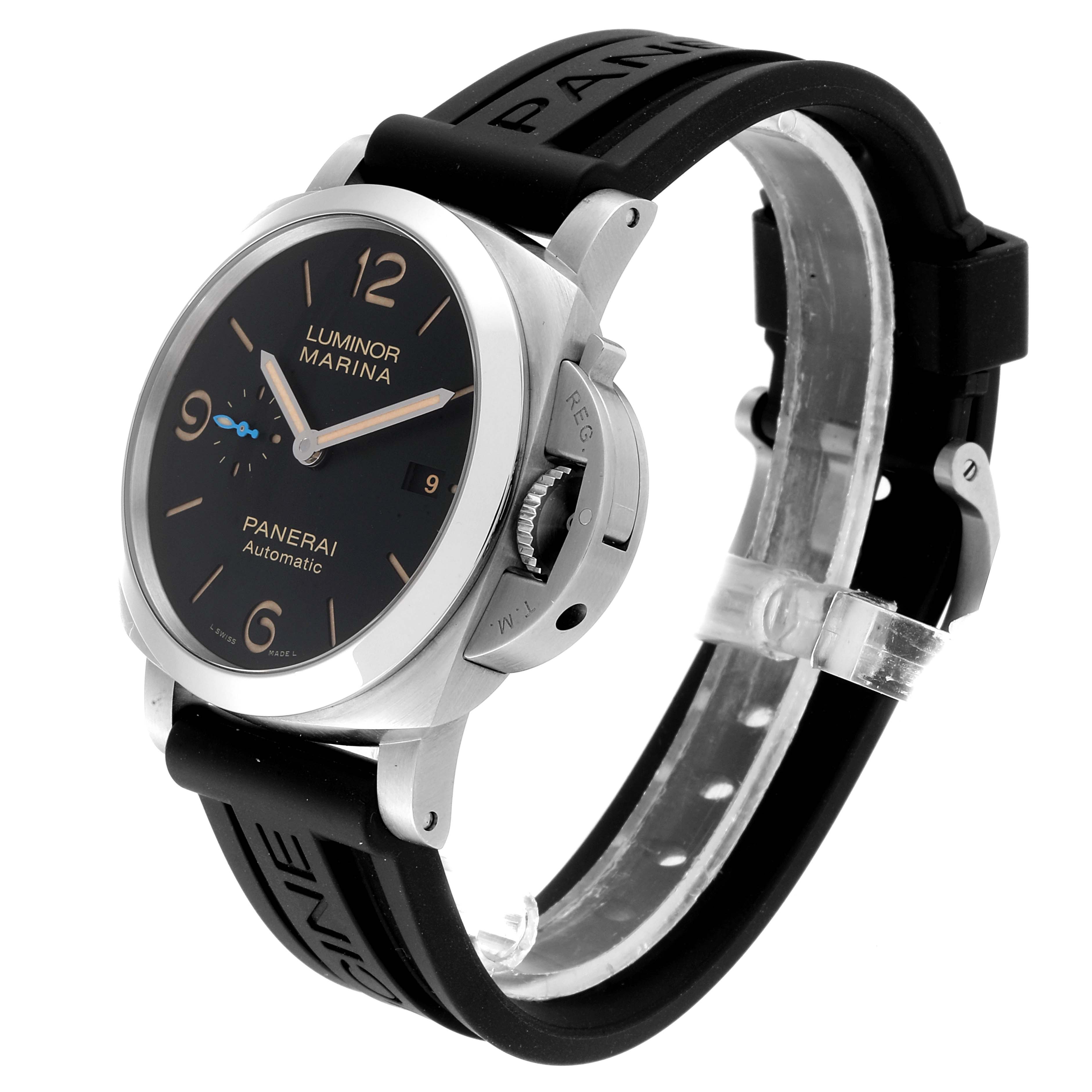 The Panerai Luminor PAM01392 Men
s Stainless Steel Black Dial PAM01392 Men
s Stainless Steel Black Dial watch is shown at a slight angle, highlighting its face, case, and black strap.