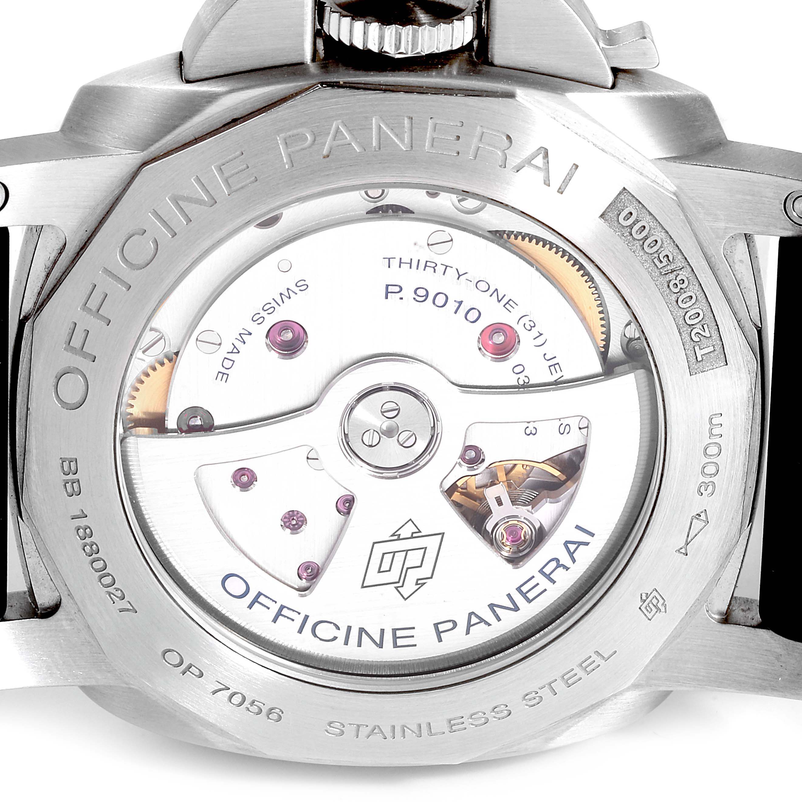 This image shows the back view of a Panerai Luminor PAM01392 Men
s Stainless Steel Black Dial PAM01392 Men
s Stainless Steel Black Dial watch, highlighting its movement and engraved details.