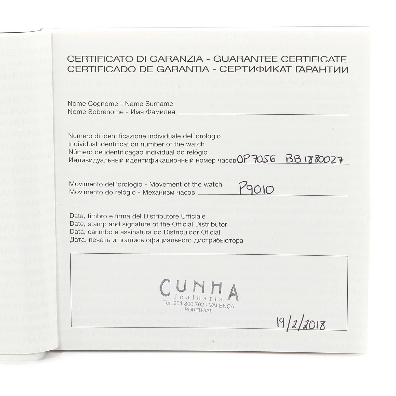 This image shows the guarantee certificate for a Panerai Luminor PAM01392 Men
s Stainless Steel Black Dial PAM01392 Men
s Stainless Steel Black Dial watch, including its identification numbers and distributor details.