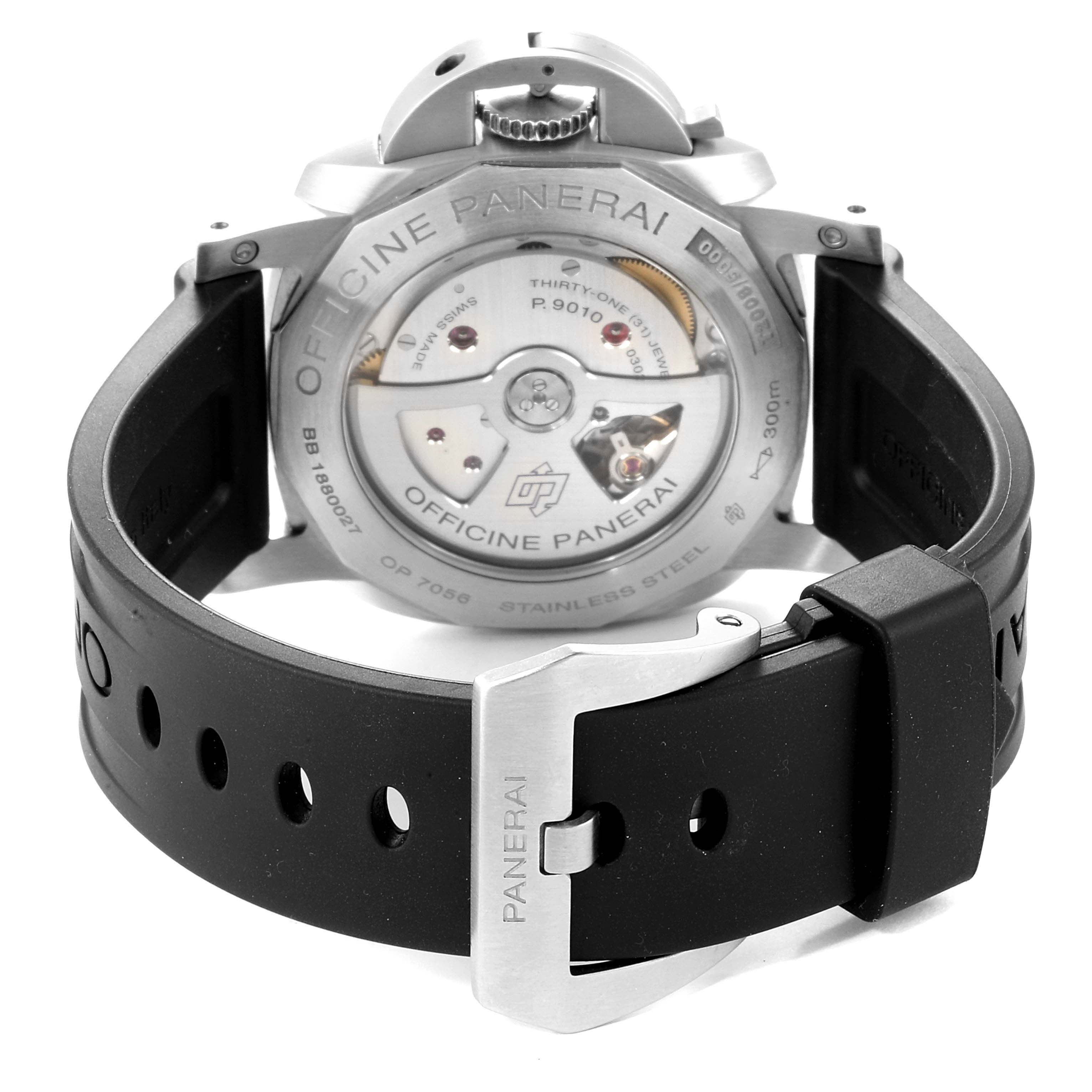 The image shows the back view of a Panerai Luminor PAM01392 Men
s Stainless Steel Black Dial PAM01392 Men
s Stainless Steel Black Dial watch, highlighting the exposed movement and detailed engravings.