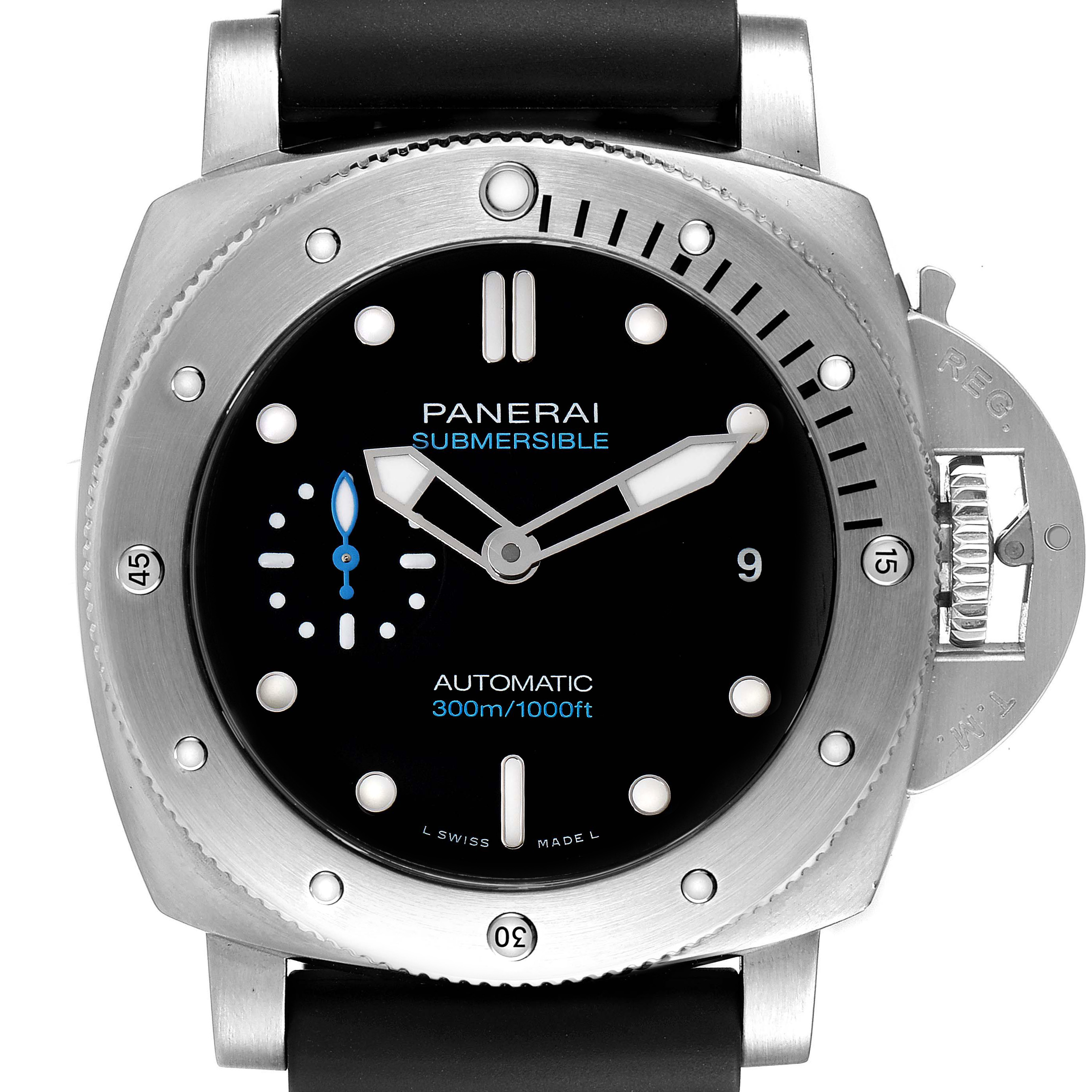 This image shows a Panerai Submersible PAM00973 Men's Stainless Steel Black Dial PAM00973 Men's Stainless Steel Black Dial watch from a front angle, displaying the dial, hands, bezel, and crown guard.