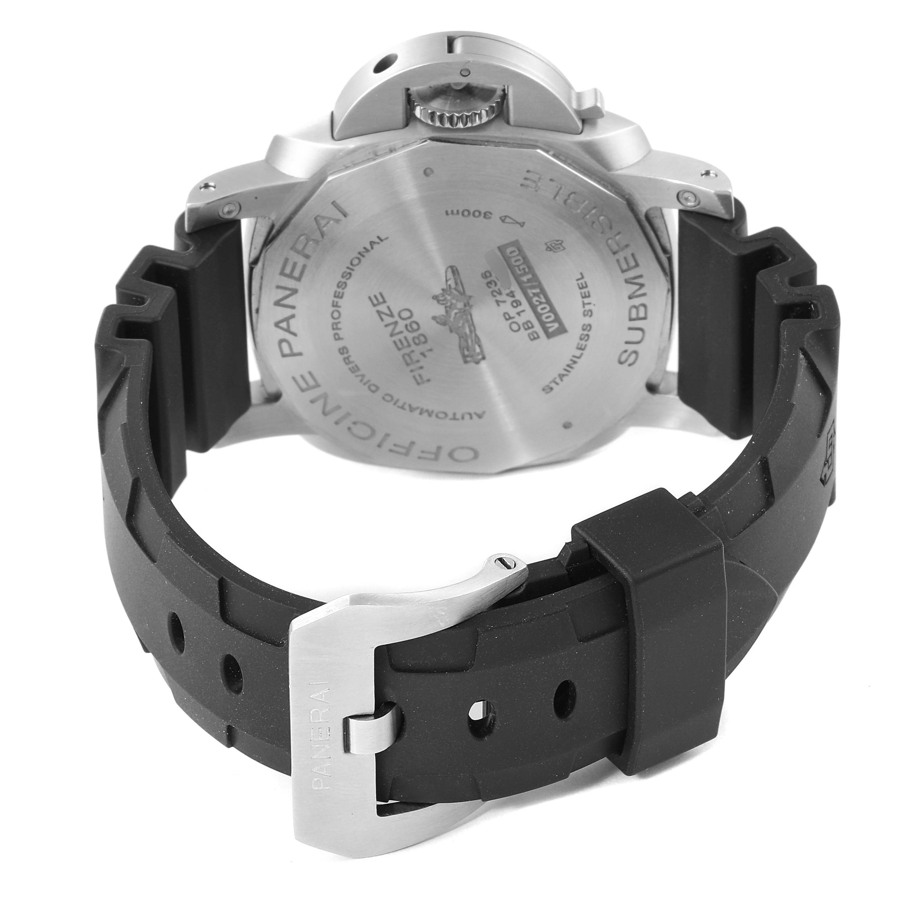 The image shows the back view of a Panerai Submersible PAM00973 Men's Stainless Steel Black Dial PAM00973 Men's Stainless Steel Black Dial watch, highlighting the case back and rubber strap with a clasp.