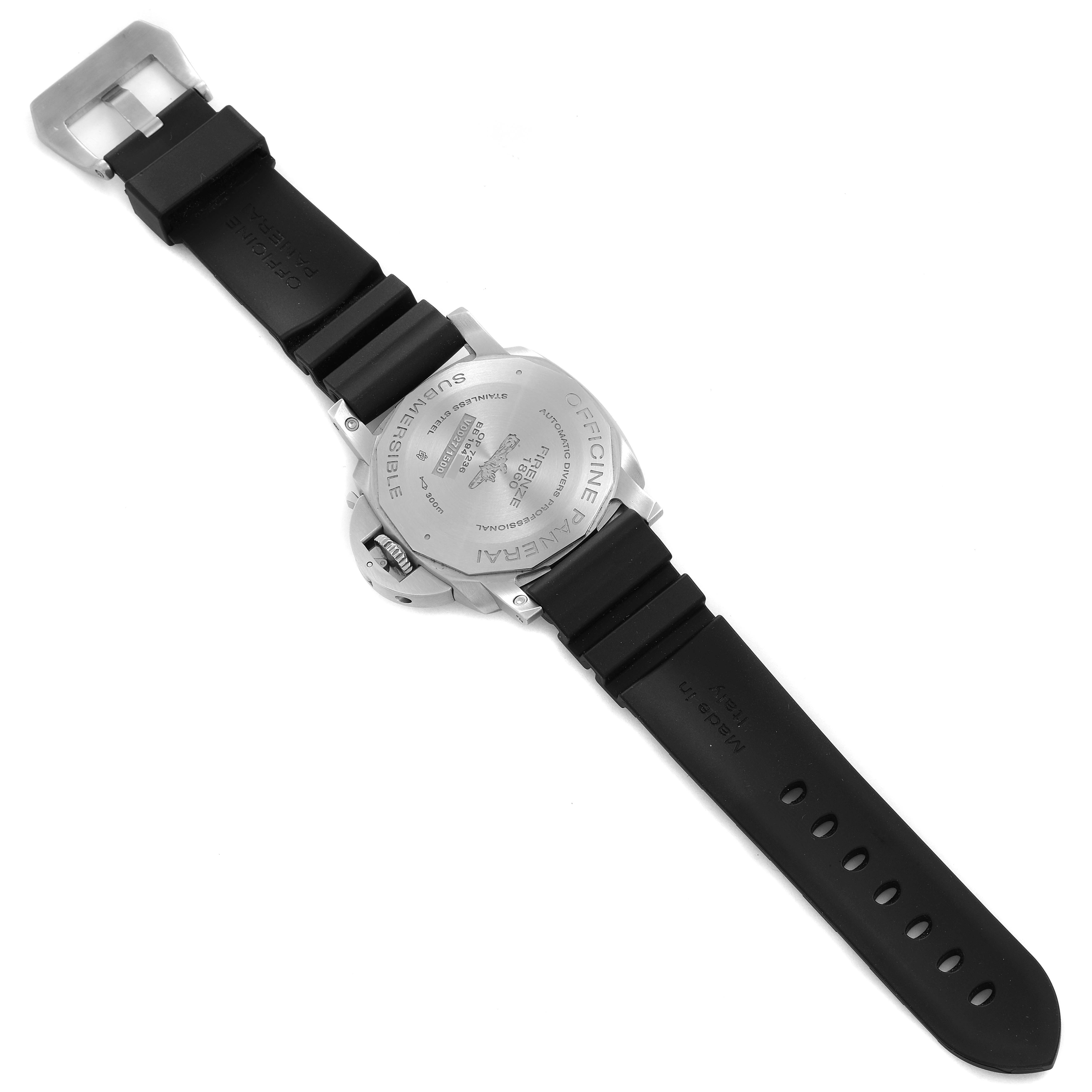 The image shows the back and strap of a Panerai Submersible PAM00973 Men's Stainless Steel Black Dial PAM00973 Men's Stainless Steel Black Dial watch, highlighting the case back and rubber strap.