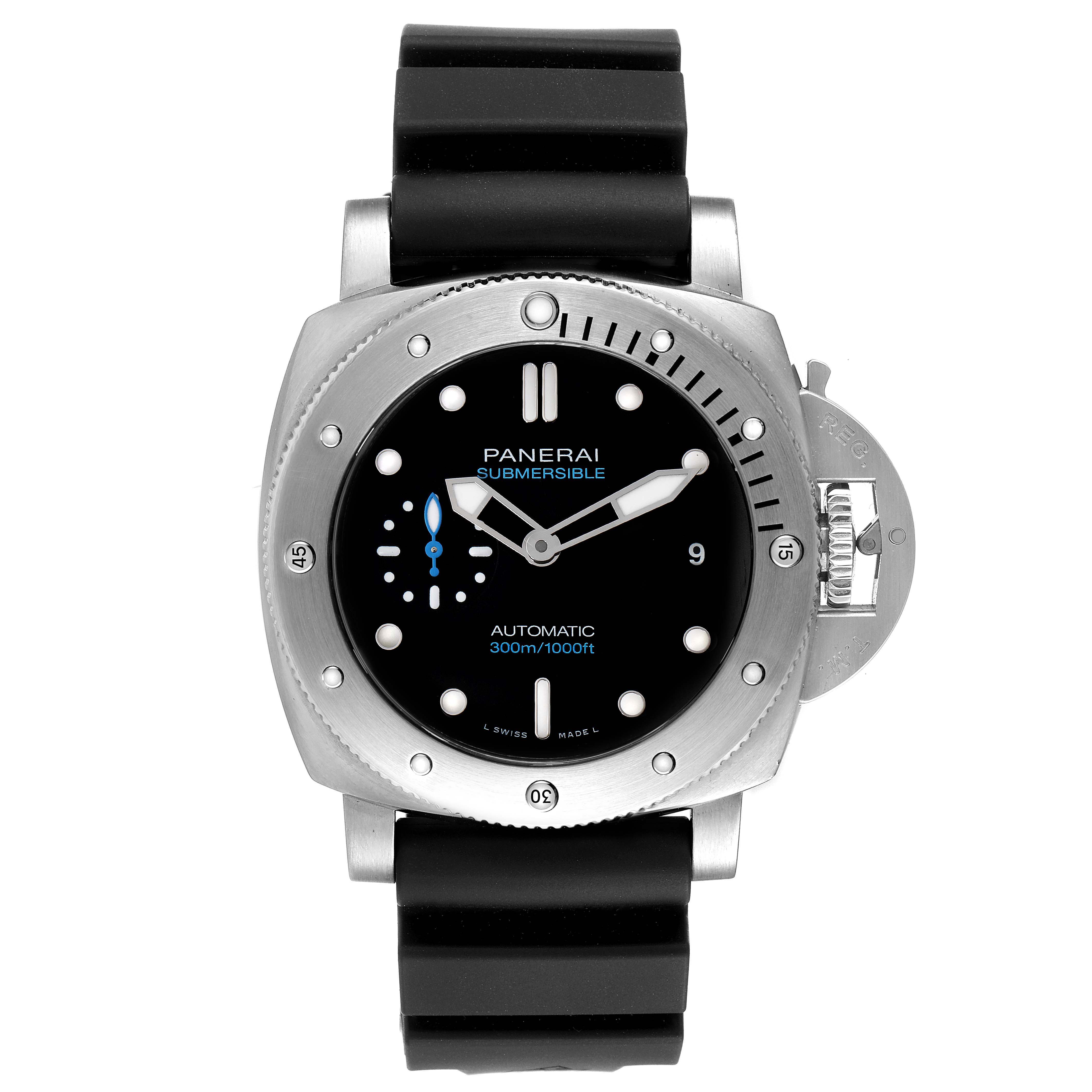 The Panerai Submersible PAM00973 Men's Stainless Steel Black Dial PAM00973 Men's Stainless Steel Black Dial watch is shown from a front angle, featuring its black dial, bezel, and crown guard.
