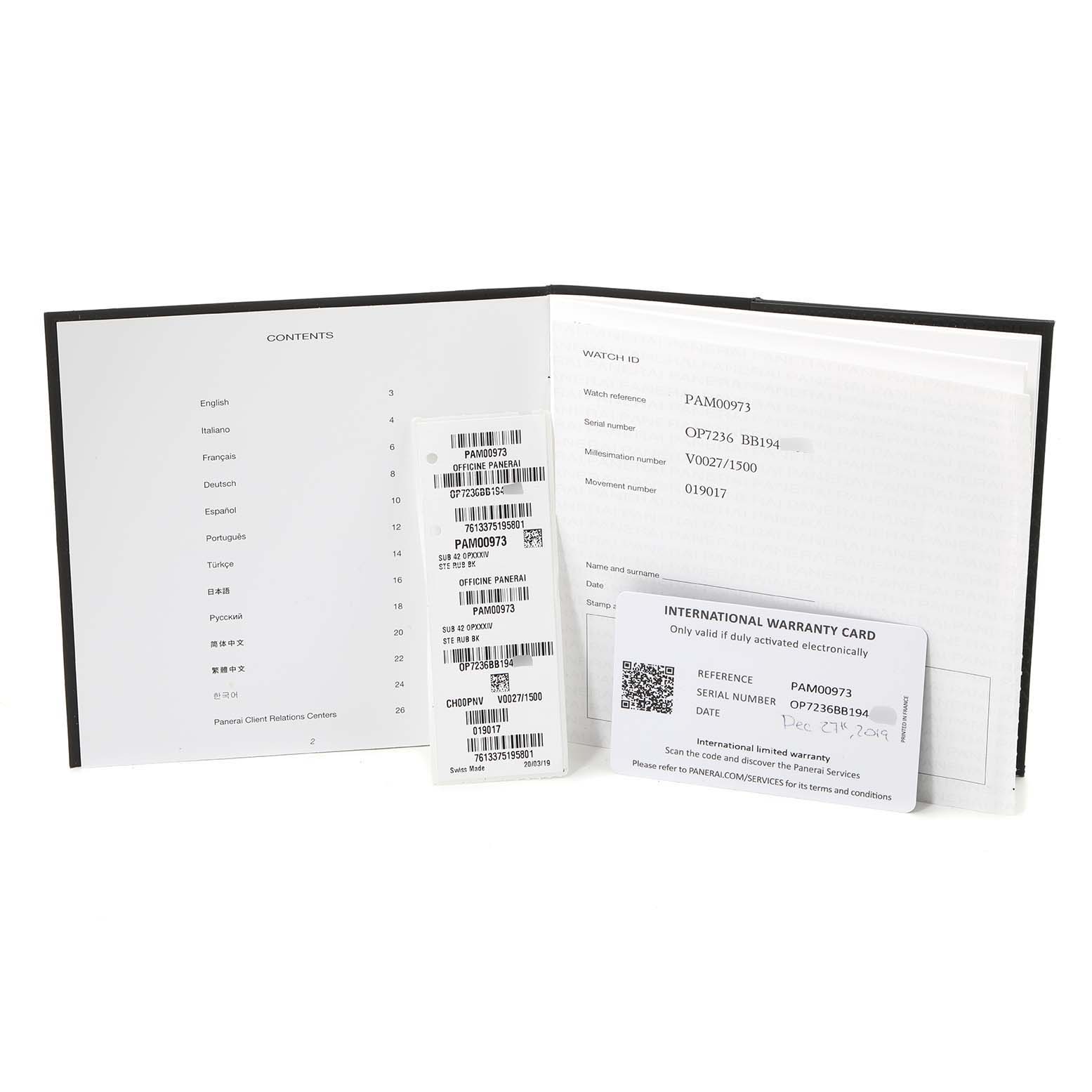 The image shows a warranty card and documentation for a Panerai Submersible PAM00973 Men's Stainless Steel Black Dial PAM00973 Men's Stainless Steel Black Dial model PAM00973.