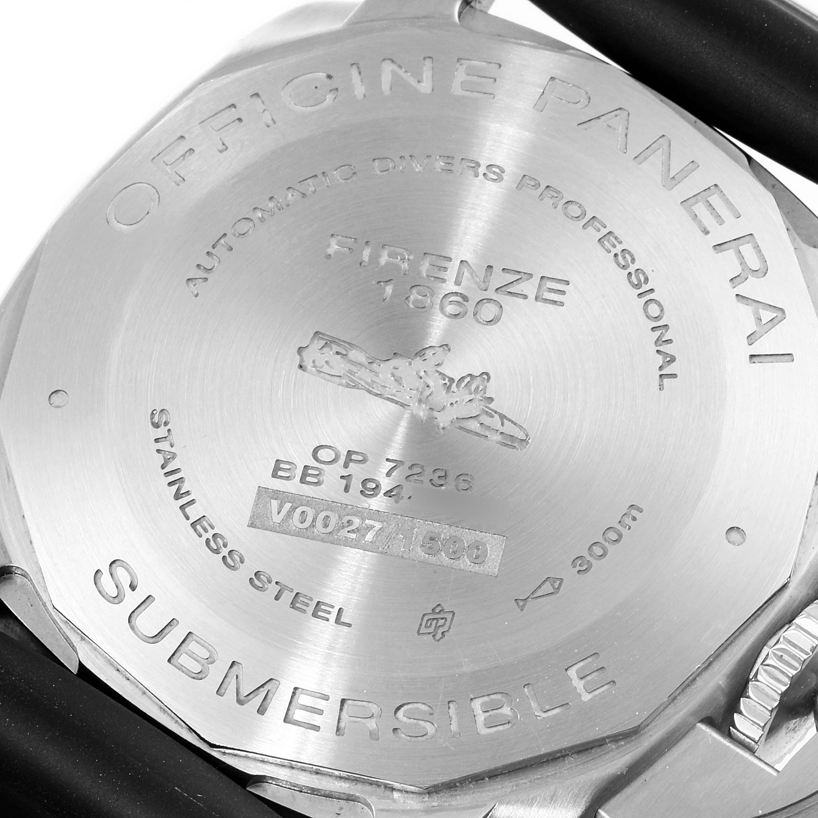 The image shows a close-up of the case back of a Panerai Submersible PAM00973 Men's Stainless Steel Black Dial PAM00973 Men's Stainless Steel Black Dial watch, highlighting the engraved details and branding.