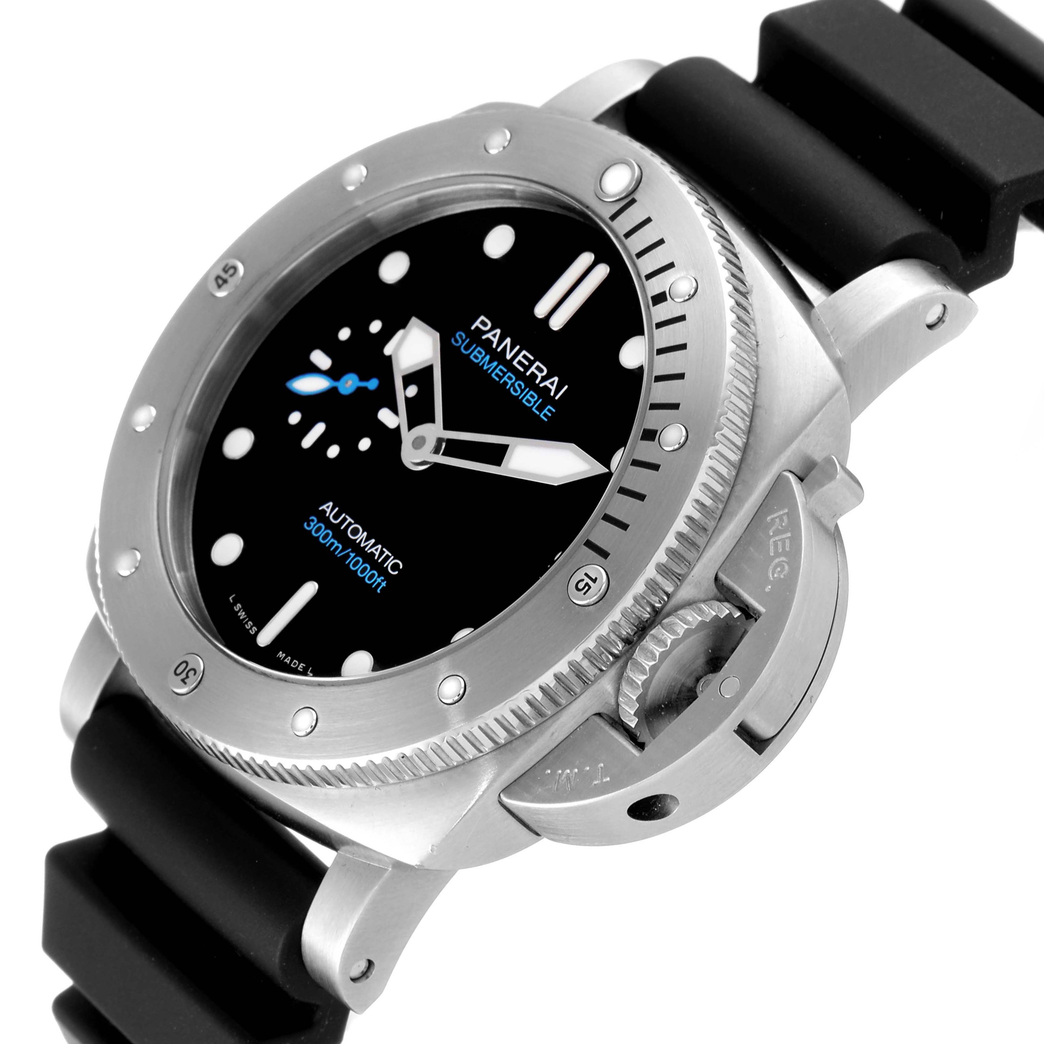 The Panerai Submersible PAM00973 Men's Stainless Steel Black Dial PAM00973 Men's Stainless Steel Black Dial watch is shown from a front angle, displaying its black dial, bezel, and strap.