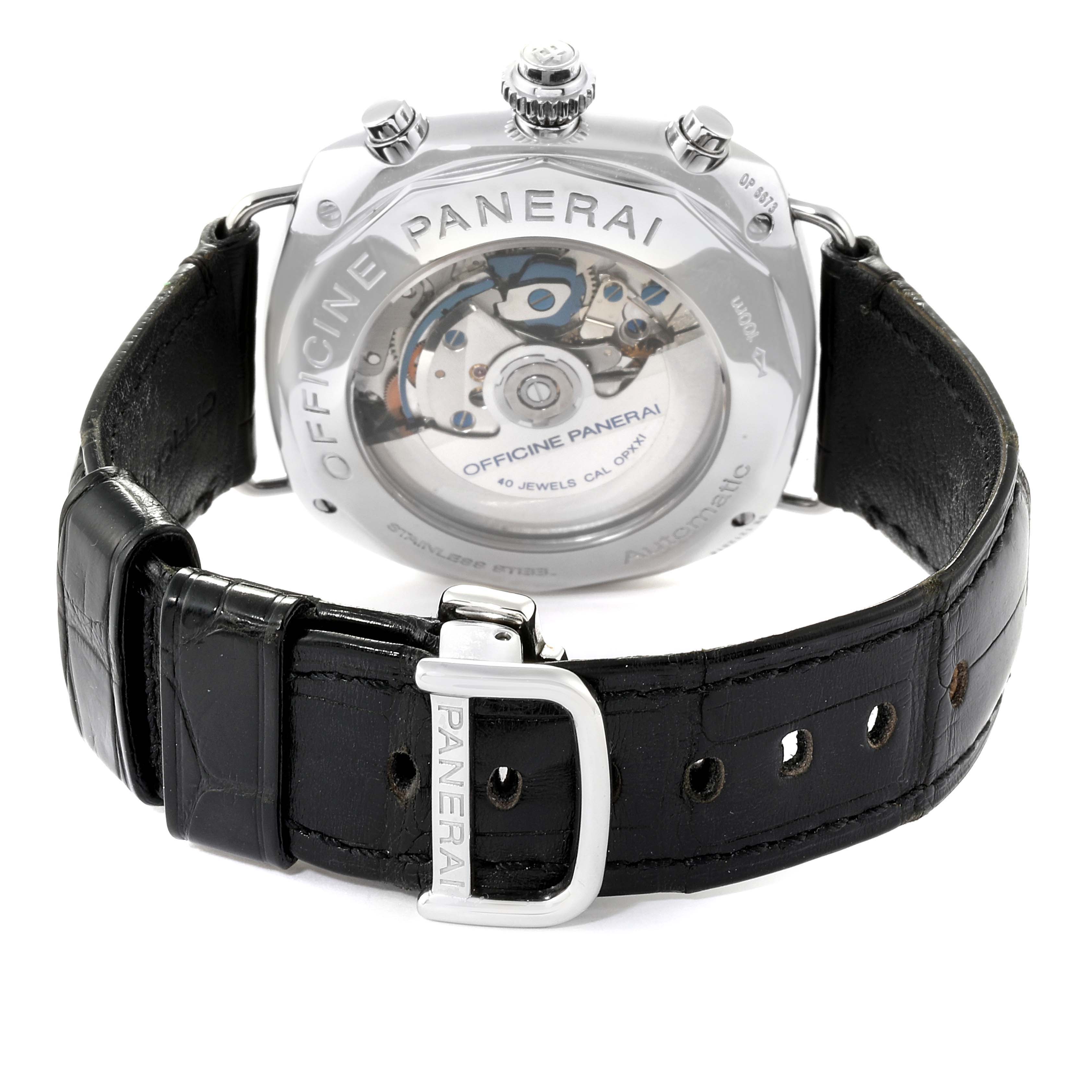 The image shows the back view of a Panerai Radiomir PAM00246 Men's Stainless Steel Black Dial PAM00246 Men's Stainless Steel Black Dial watch with a visible mechanism and black leather strap.