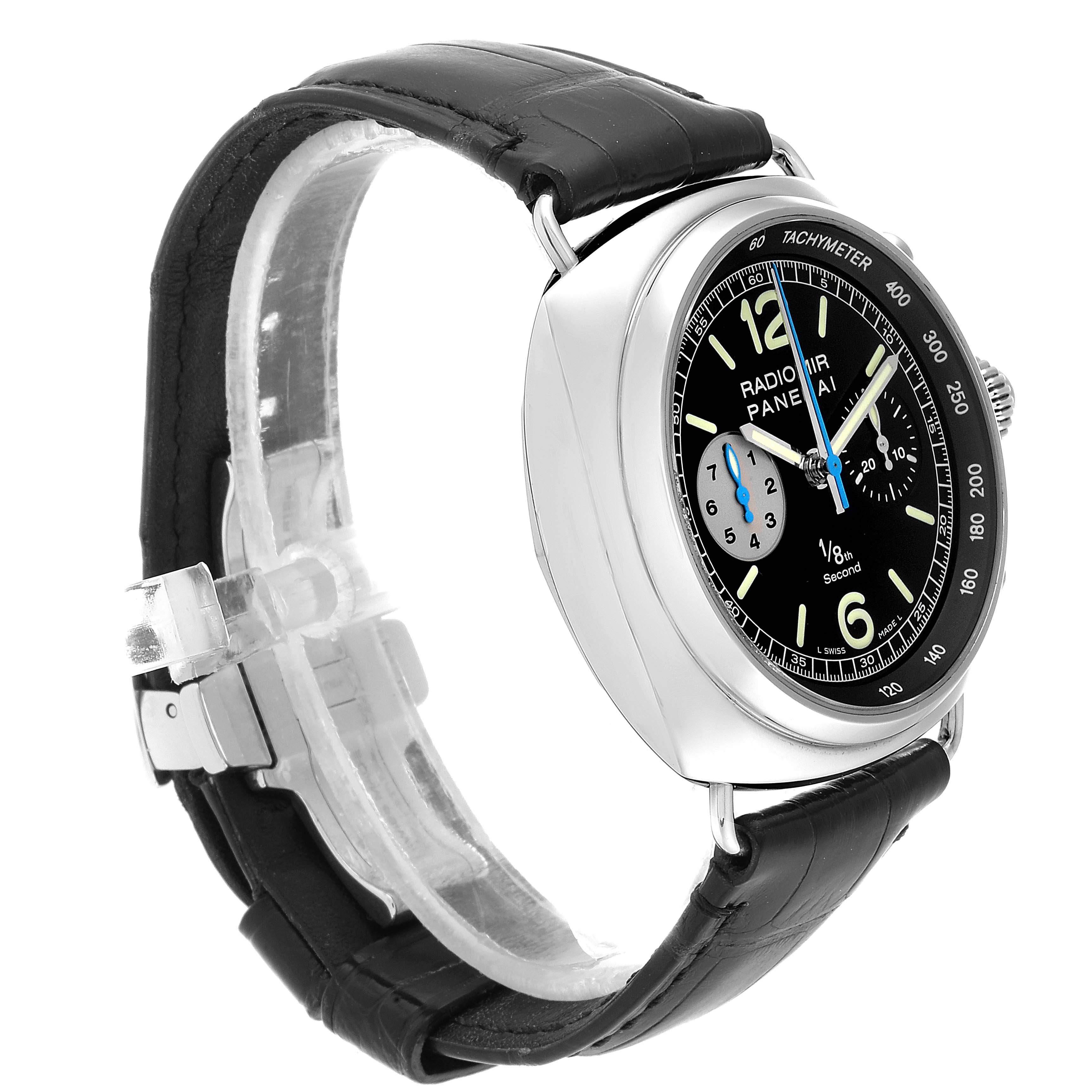 The image shows a side angle of a Panerai Radiomir PAM00246 Men's Stainless Steel Black Dial PAM00246 Men's Stainless Steel Black Dial watch, featuring its dial, bezel, and leather strap.