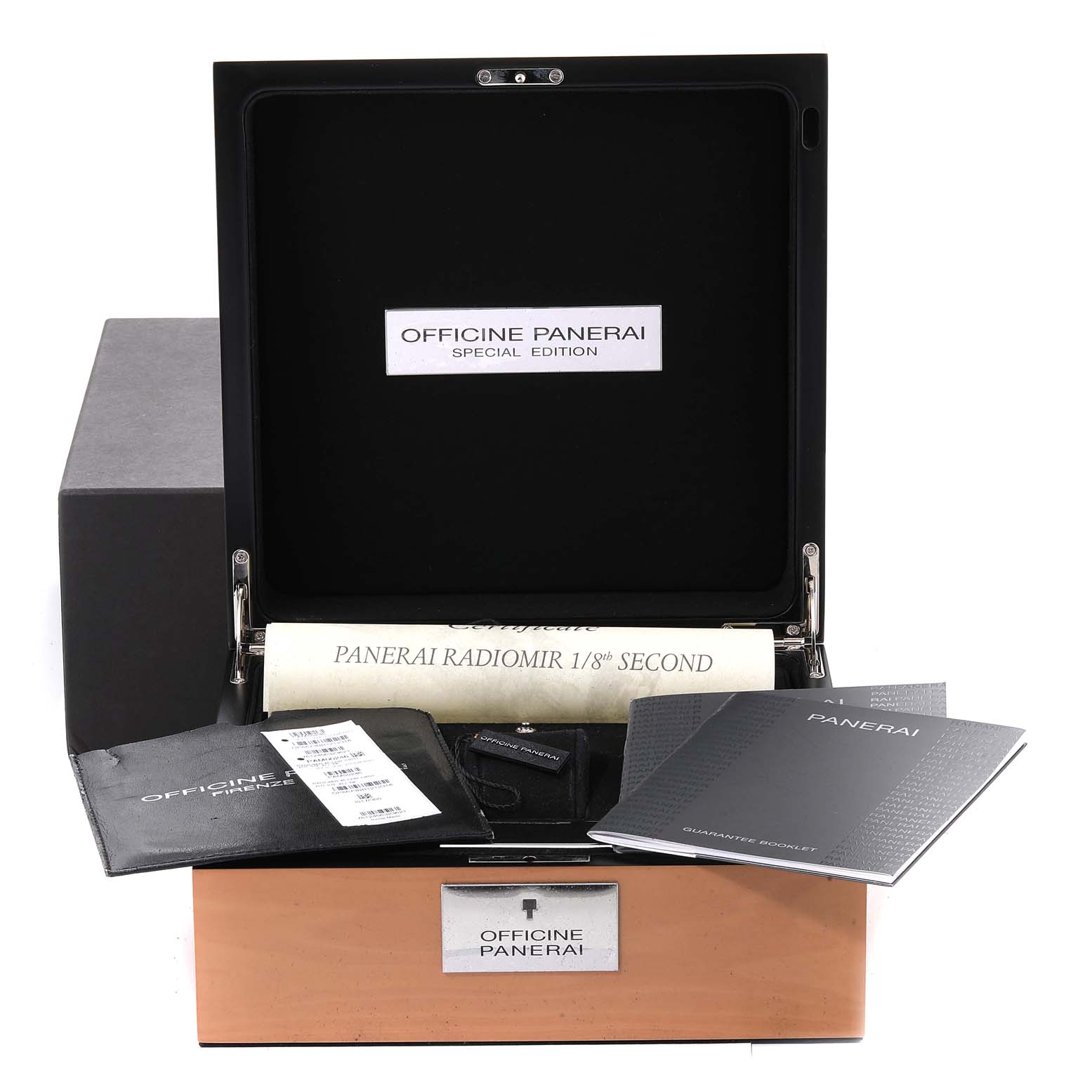 The image shows a Panerai Radiomir PAM00246 Men's Stainless Steel Black Dial PAM00246 Men's Stainless Steel Black Dial watch box open, revealing documentation and accessories from a frontal angle.