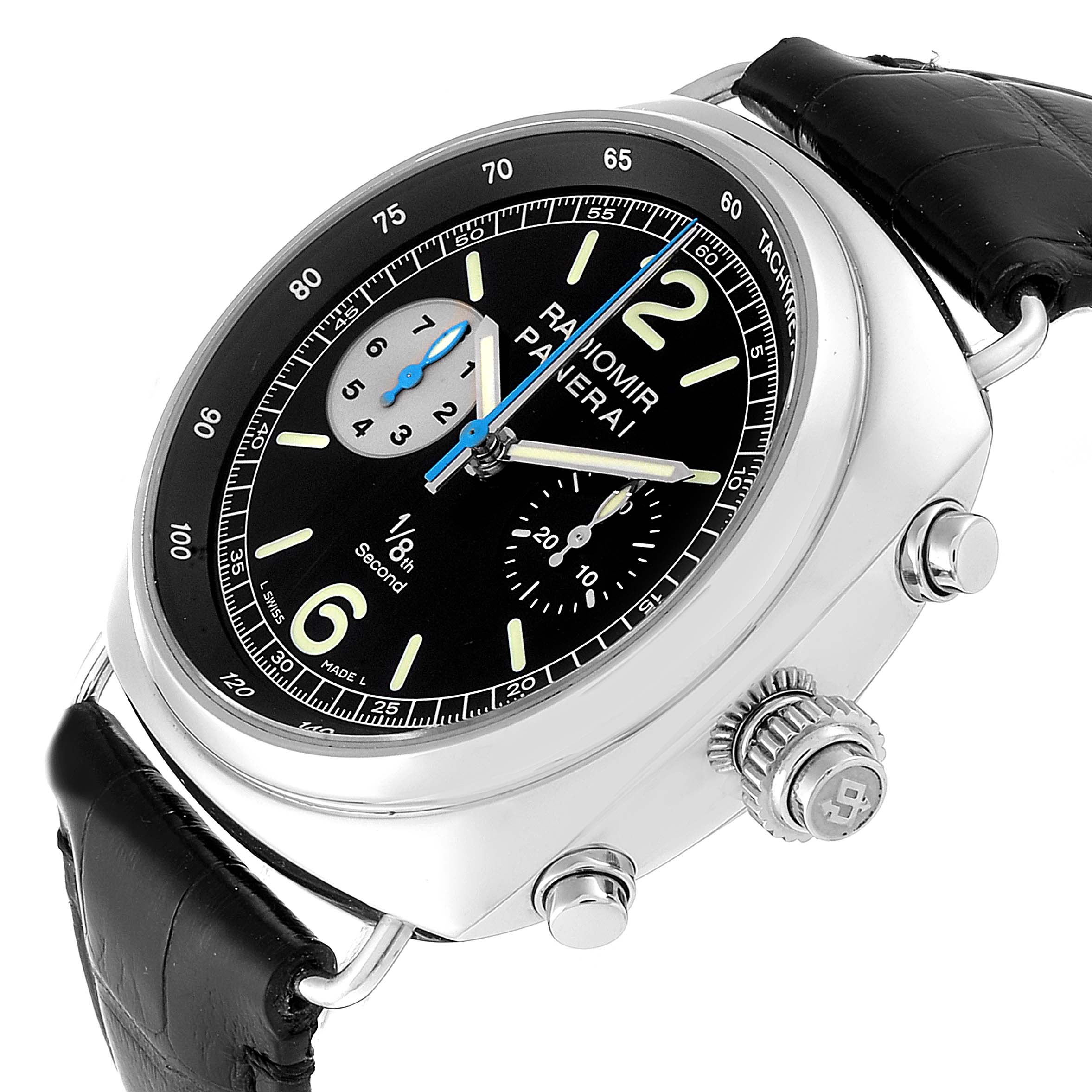 This image shows a Panerai Radiomir PAM00246 Men's Stainless Steel Black Dial PAM00246 Men's Stainless Steel Black Dial watch from a slightly angled side view, highlighting the face, crown, pushers, and strap.