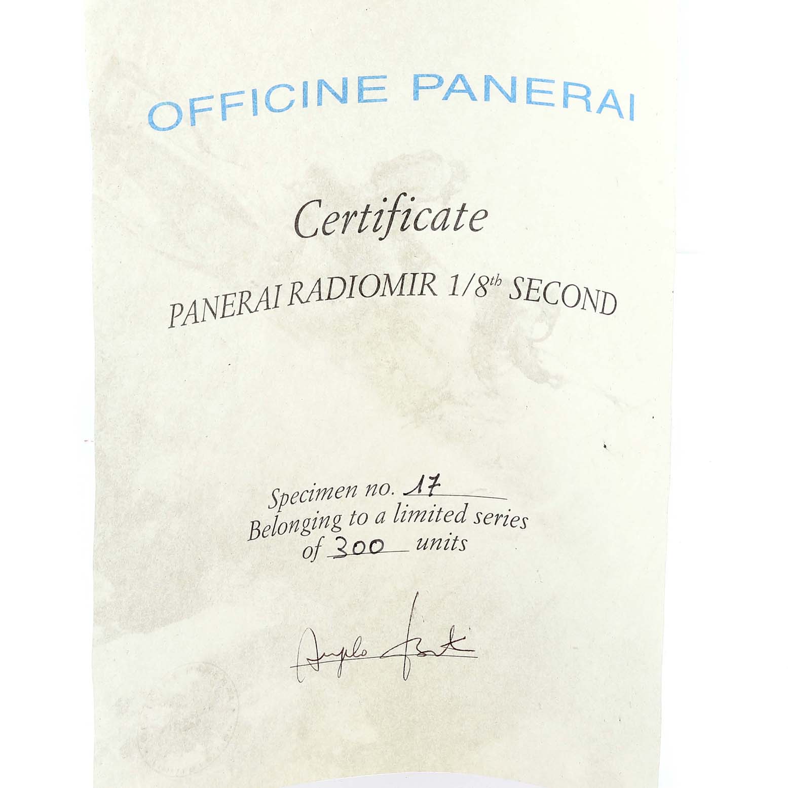 The image shows a certificate for the Panerai Radiomir PAM00246 Men's Stainless Steel Black Dial PAM00246 Men's Stainless Steel Black Dial model, specifically the 1/8th Second edition, indicating it is specimen no. 17 of 300.