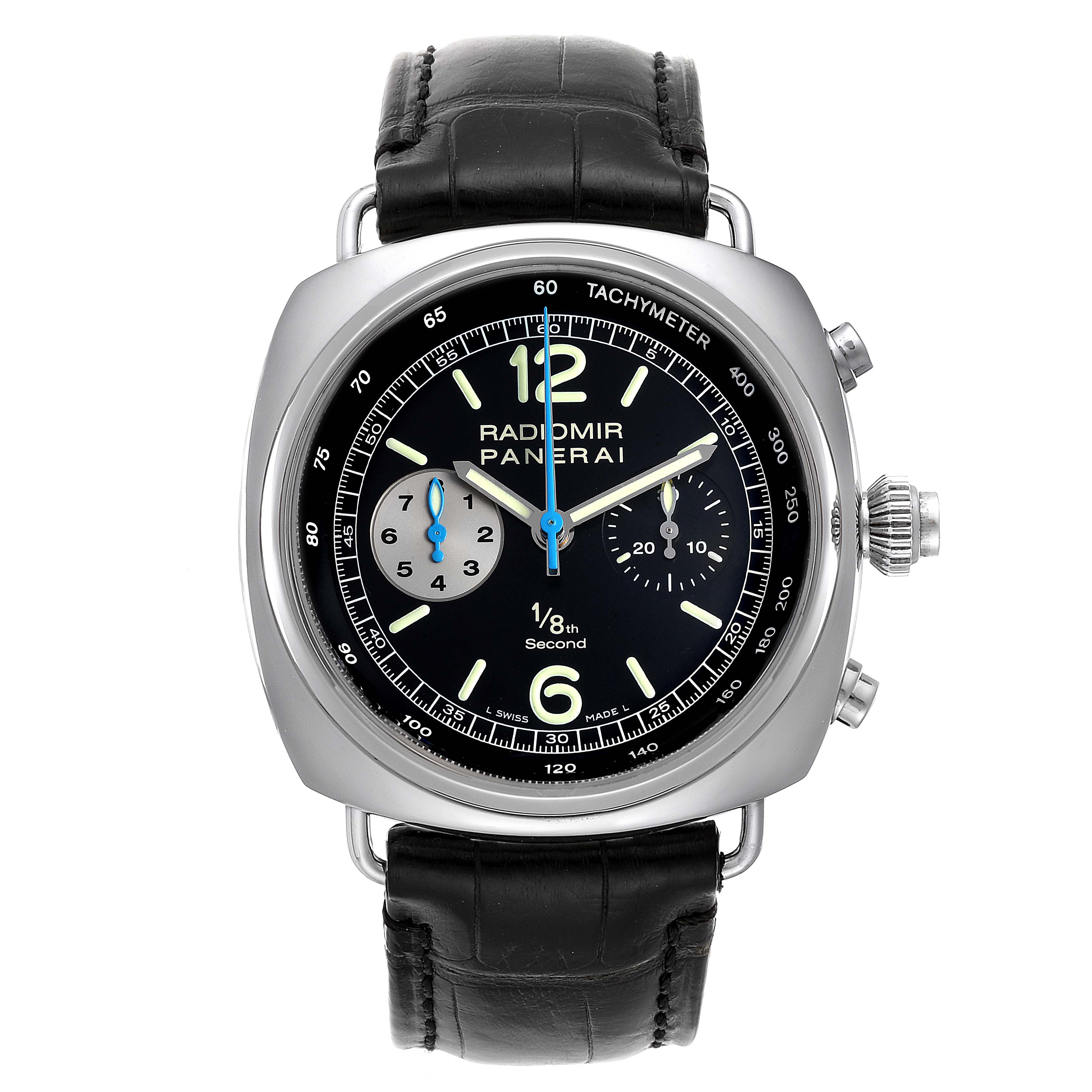 The image shows a front view of a Panerai Radiomir PAM00246 Men's Stainless Steel Black Dial PAM00246 Men's Stainless Steel Black Dial watch, featuring the dial, hands, indices, and black leather strap.