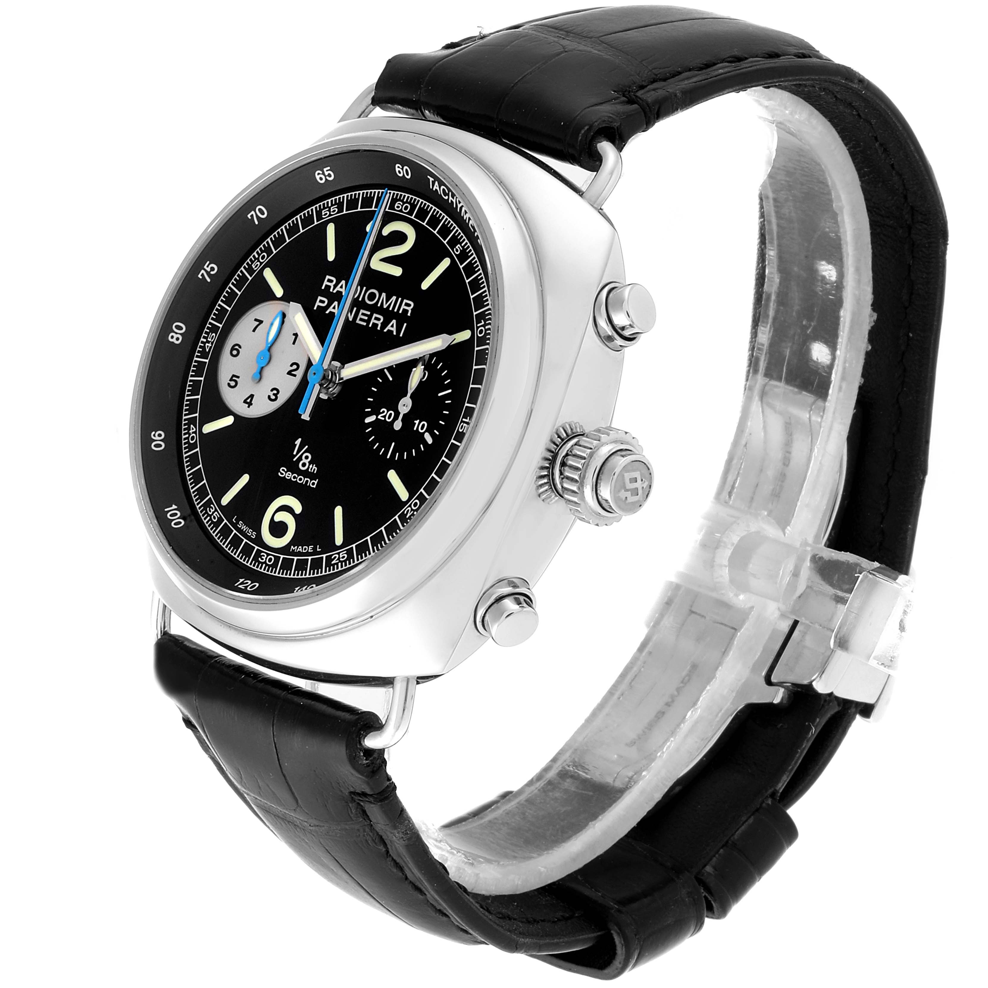 The image shows a side angle of the Panerai Radiomir PAM00246 Men's Stainless Steel Black Dial PAM00246 Men's Stainless Steel Black Dial watch, highlighting the dial, crown, and leather strap.