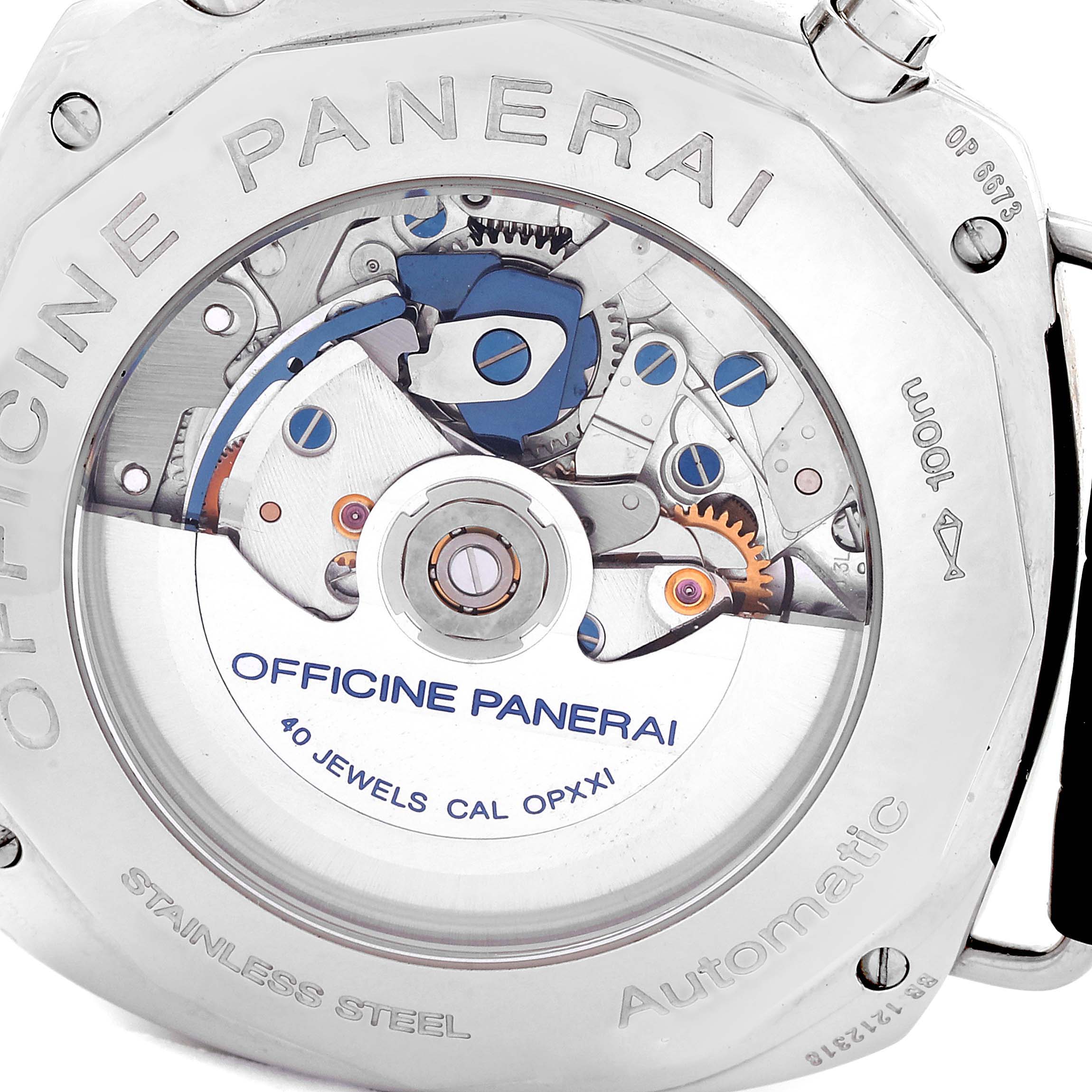 The image shows the back of a Panerai Radiomir PAM00246 Men's Stainless Steel Black Dial PAM00246 Men's Stainless Steel Black Dial watch, featuring its exposed automatic movement and intricate internal mechanics.