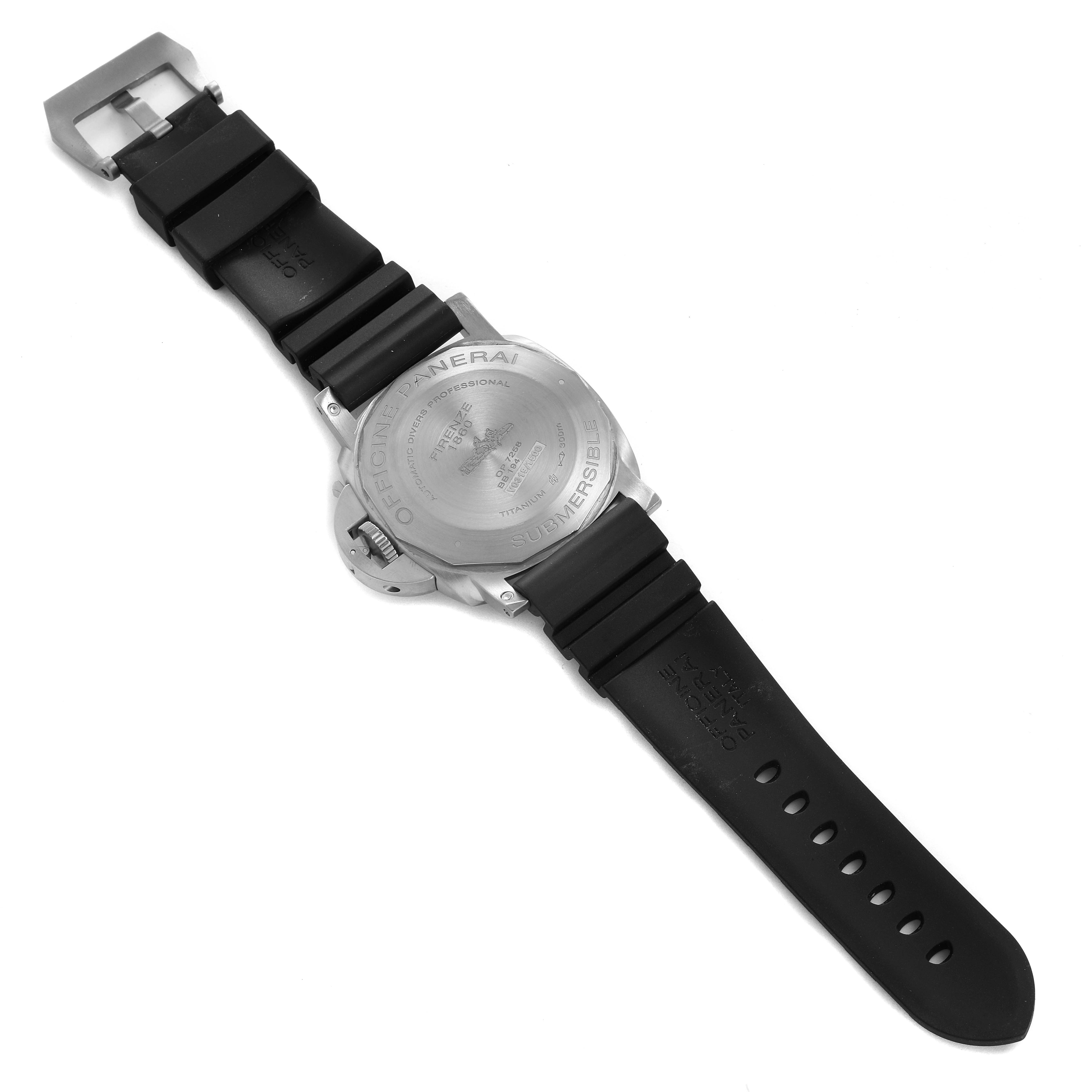 The image shows the back view of a Panerai Submersible PAM01305 Men's Titanium Black Dial PAM01305 Men's Titanium Black Dial watch, including the case back, strap, and buckle.