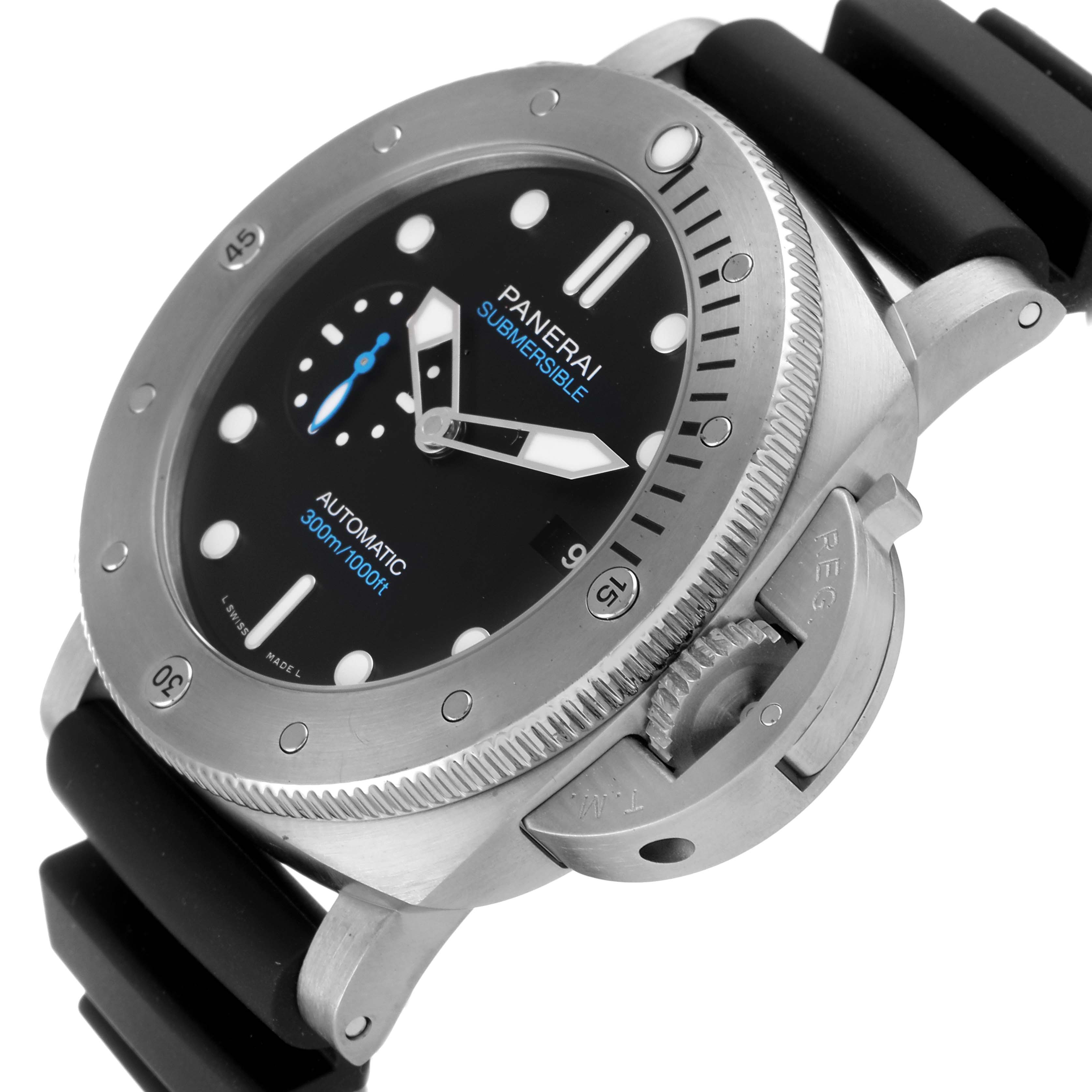 The image shows a close-up side angle of the Panerai Submersible PAM01305 Men's Titanium Black Dial PAM01305 Men's Titanium Black Dial watch, highlighting its bezel, dial, and crown guard.
