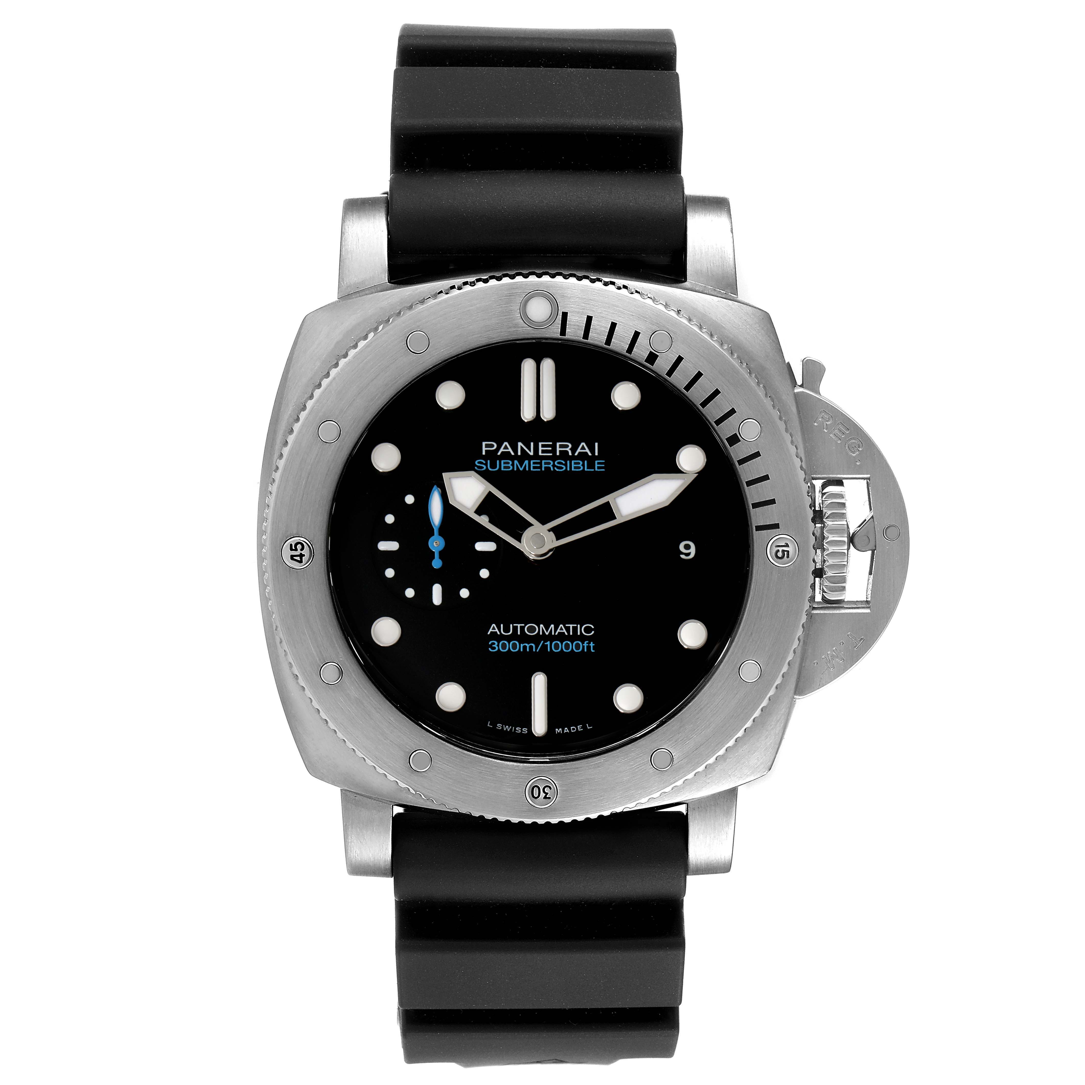 The image shows a front view of a Panerai Submersible PAM01305 Men's Titanium Black Dial PAM01305 Men's Titanium Black Dial watch with its bezel, dial, and rubber strap visible.