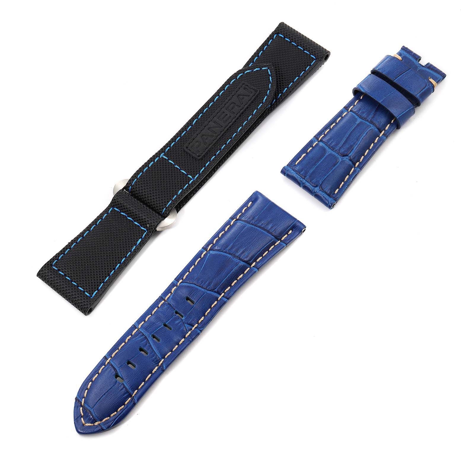 The image shows two blue leather straps and one black fabric strap for the Panerai Submersible PAM01305 Men's Titanium Black Dial PAM01305 Men's Titanium Black Dial watch.