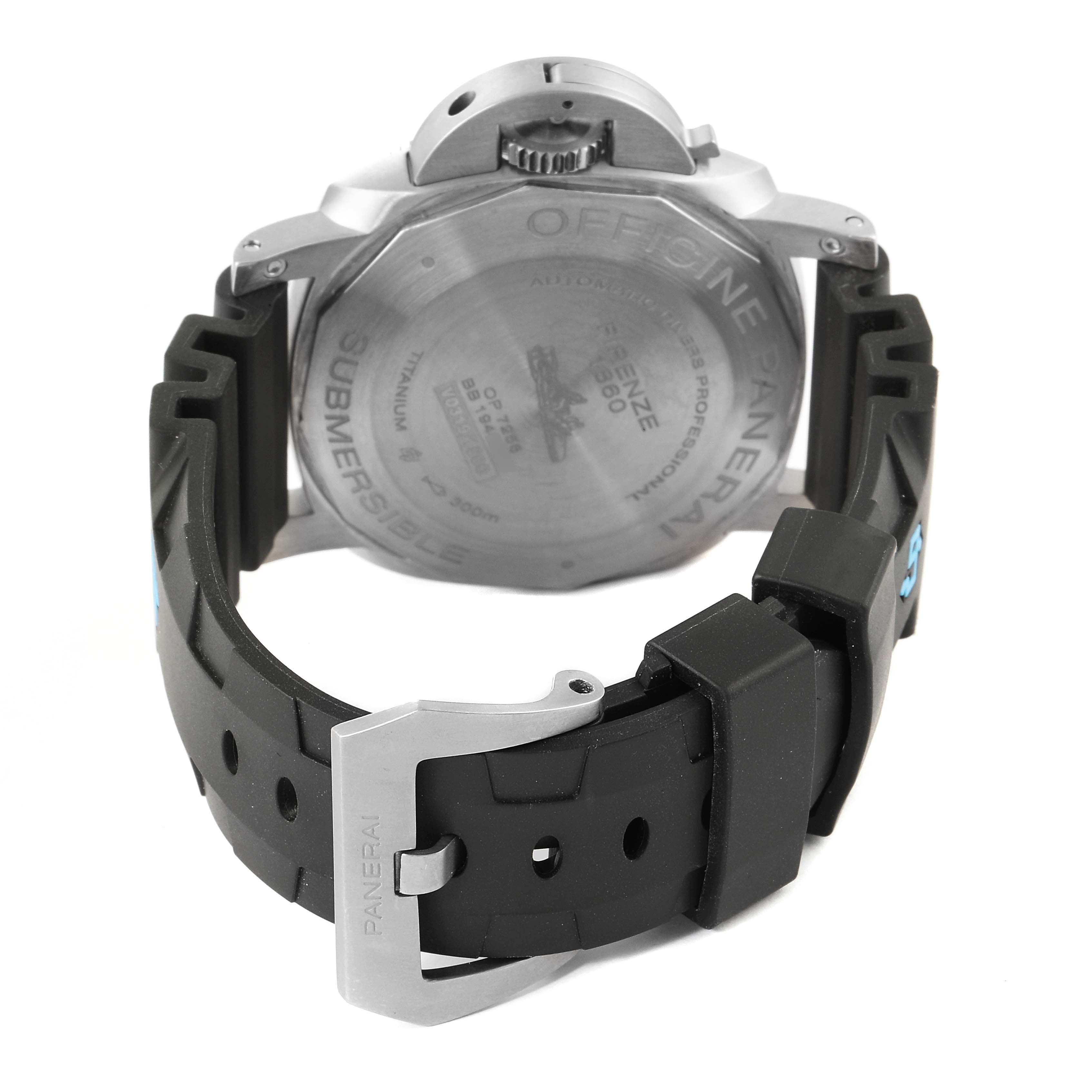 The image shows the rear view of the Panerai Submersible PAM01305 Men's Titanium Black Dial PAM01305 Men's Titanium Black Dial watch, featuring its case back and rubber strap with buckle.