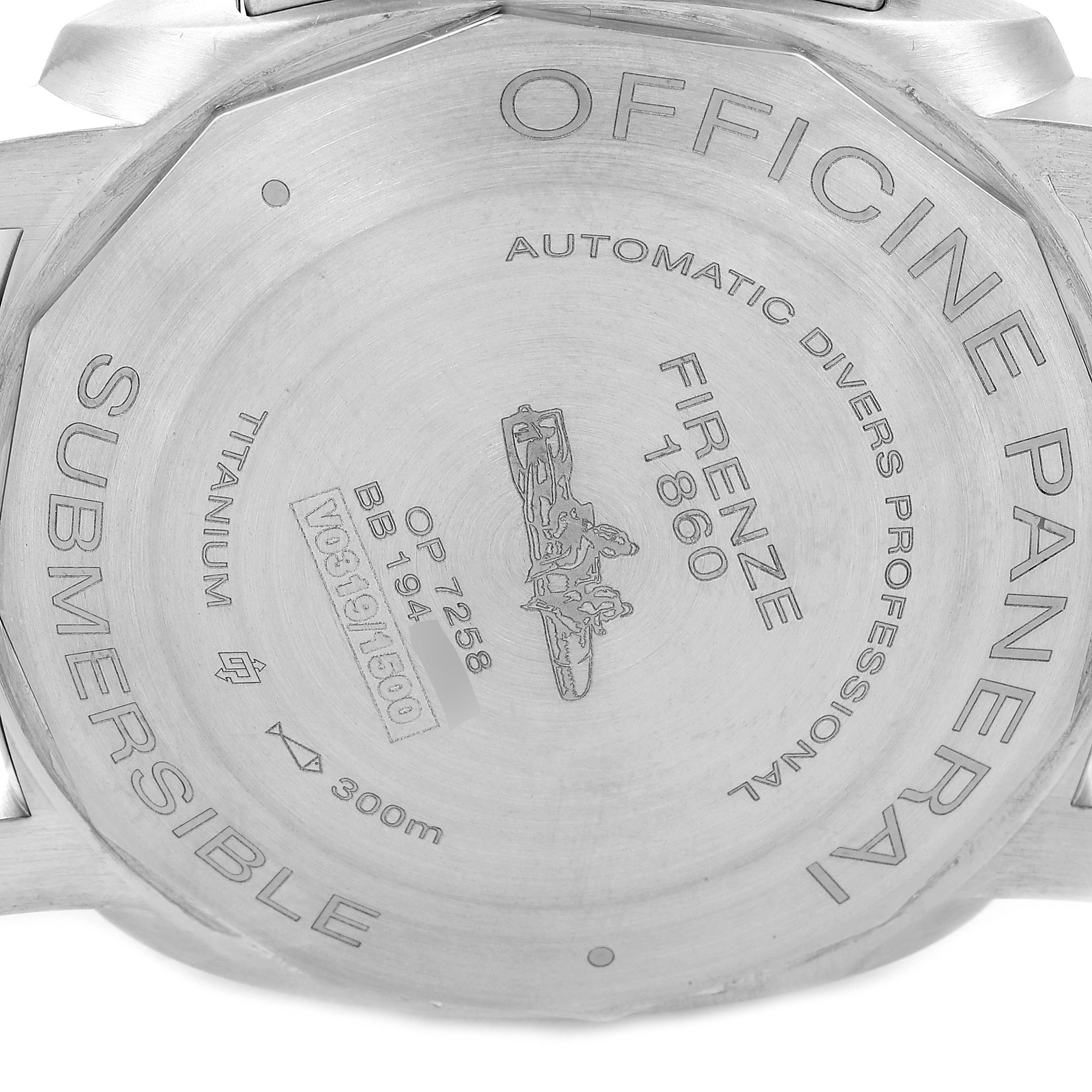 The image shows the titanium case back of a Panerai Submersible PAM01305 Men's Titanium Black Dial PAM01305 Men's Titanium Black Dial watch, highlighting inscriptions and engravings.