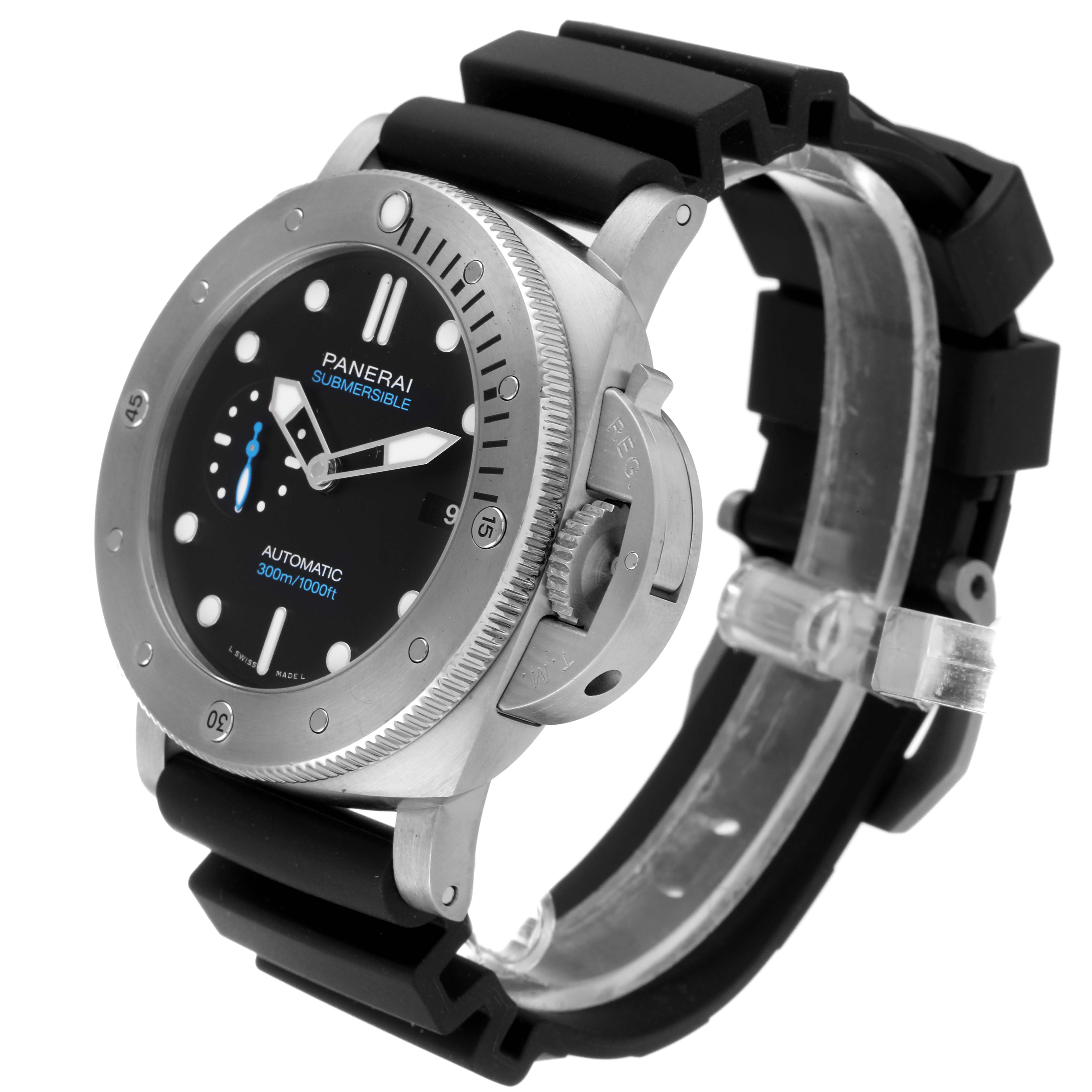The Panerai Submersible PAM01305 Men's Titanium Black Dial PAM01305 Men's Titanium Black Dial watch is shown at a slight angle displaying its dial, bezel, crown guard, and rubber strap.