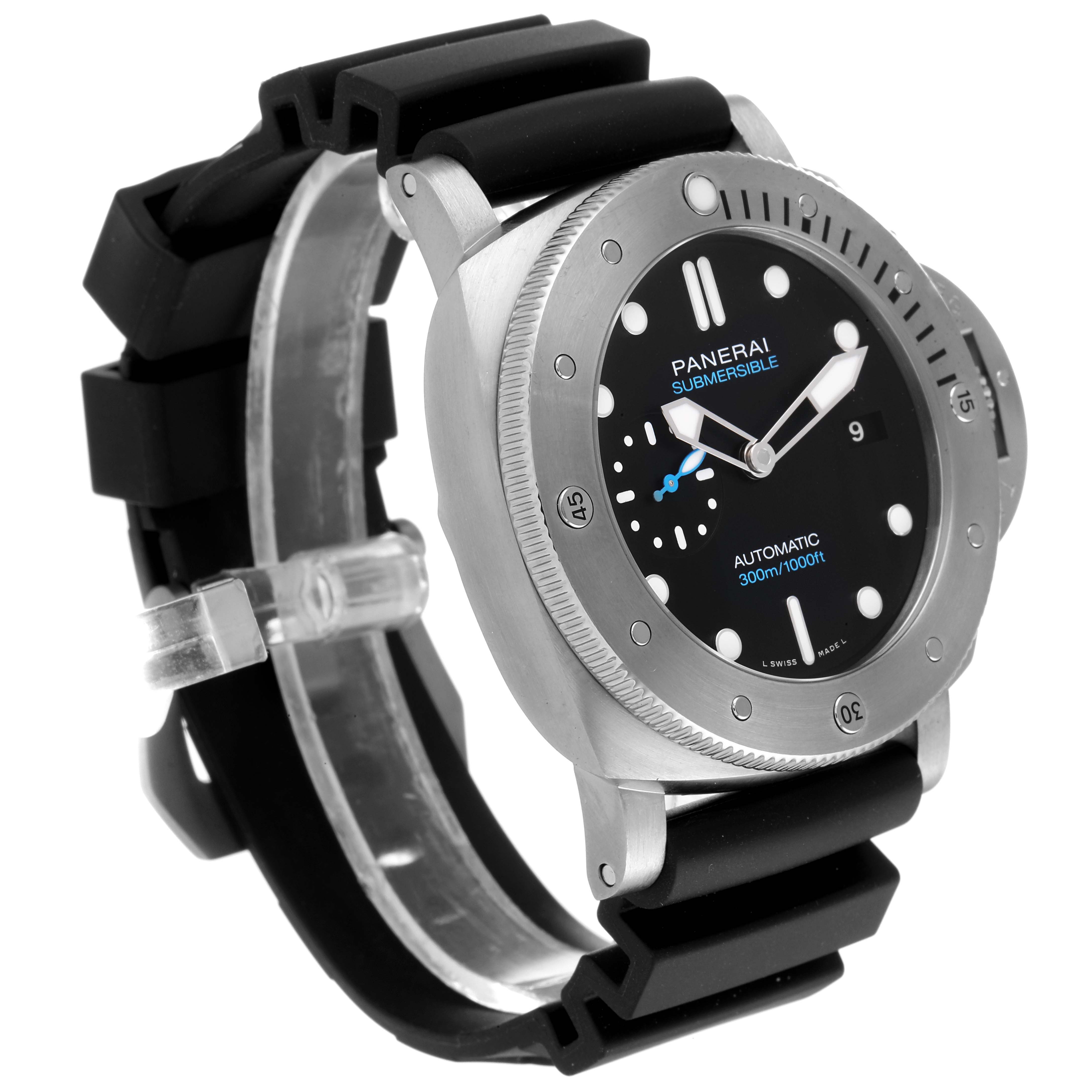 The image shows a Panerai Submersible PAM01305 Men's Titanium Black Dial PAM01305 Men's Titanium Black Dial watch at a three-quarter angle, displaying the face, bezel, and strap.