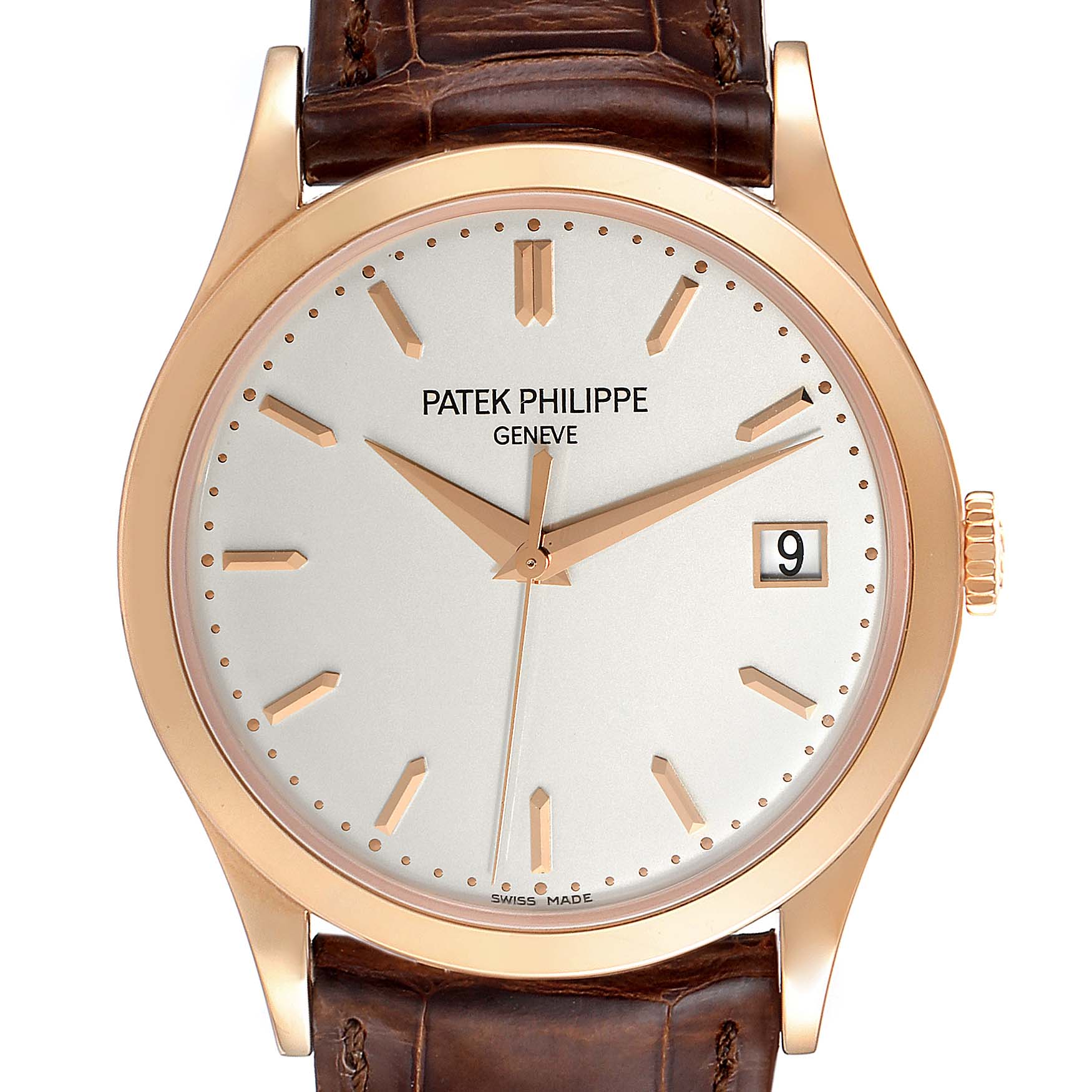 The image shows a close-up, front-facing view of a Patek Philippe Calatrava 5296R-010 Men
s Rose Gold Silver Dial 5296R-010 Men
s Rose Gold Silver Dial watch, featuring the dial, hands, date, and part of the strap.