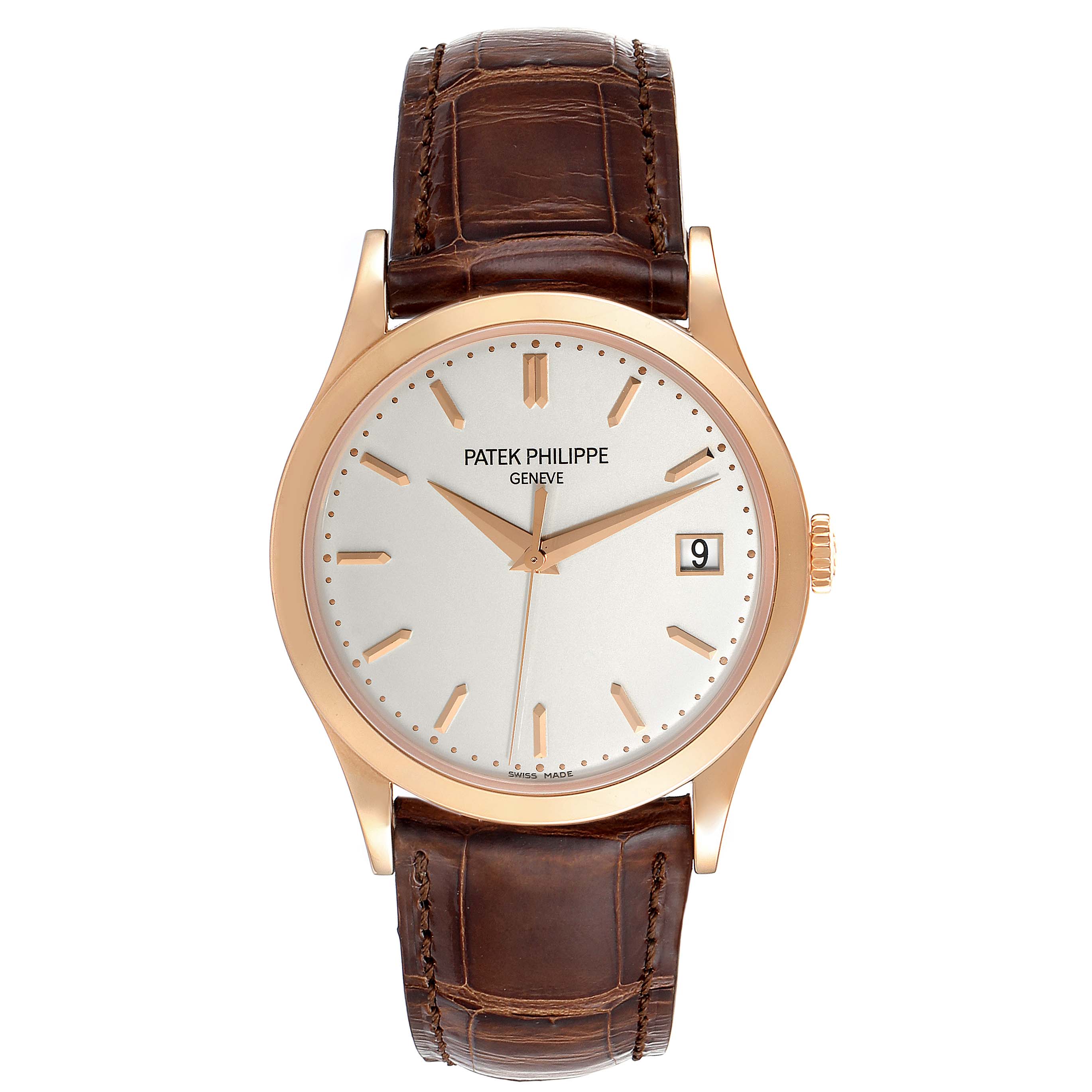 This image shows a front view of the Patek Philippe Calatrava 5296R-010 Men
s Rose Gold Silver Dial 5296R-010 Men
s Rose Gold Silver Dial watch, displaying its dial, hands, date window, and leather strap.