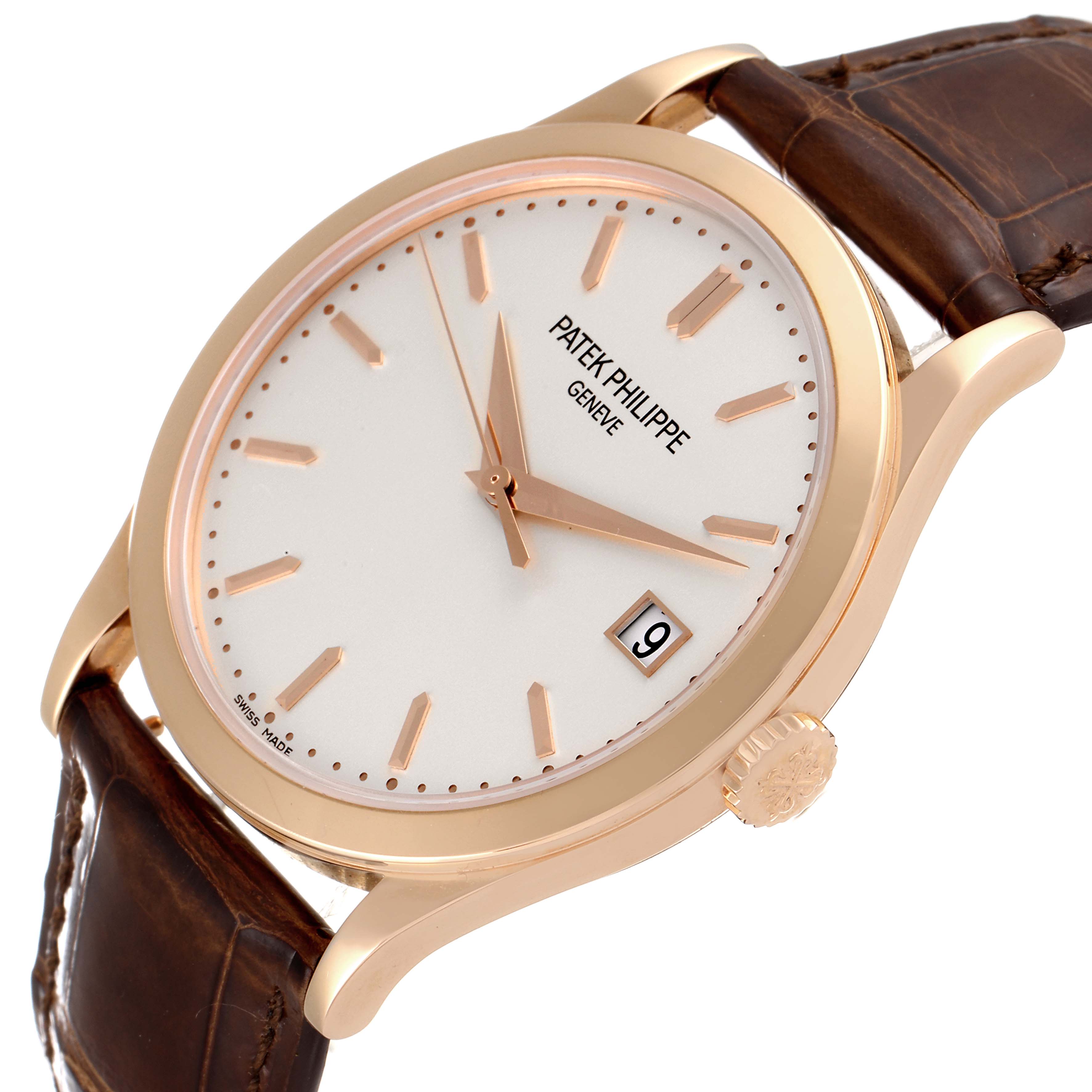 The image shows a Patek Philippe Calatrava 5296R-010 Men
s Rose Gold Silver Dial 5296R-010 Men
s Rose Gold Silver Dial watch at an angled view highlighting the face, crown, and leather strap.