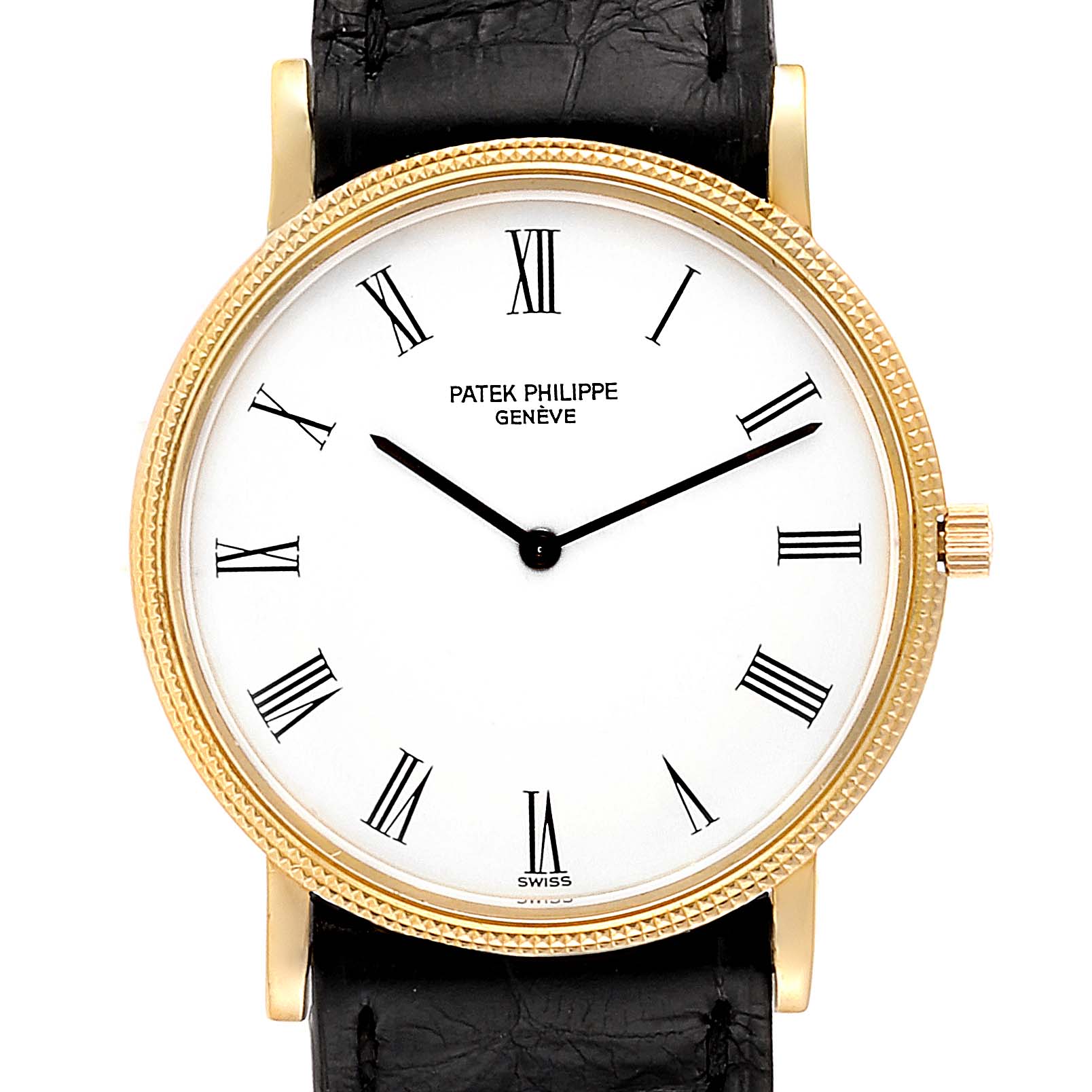 The image displays a front view of the Patek Philippe Calatrava 3520 Men's Yellow Gold White Dial 3520 Men's Yellow Gold White Dial watch, showing its face, hands, and strap.