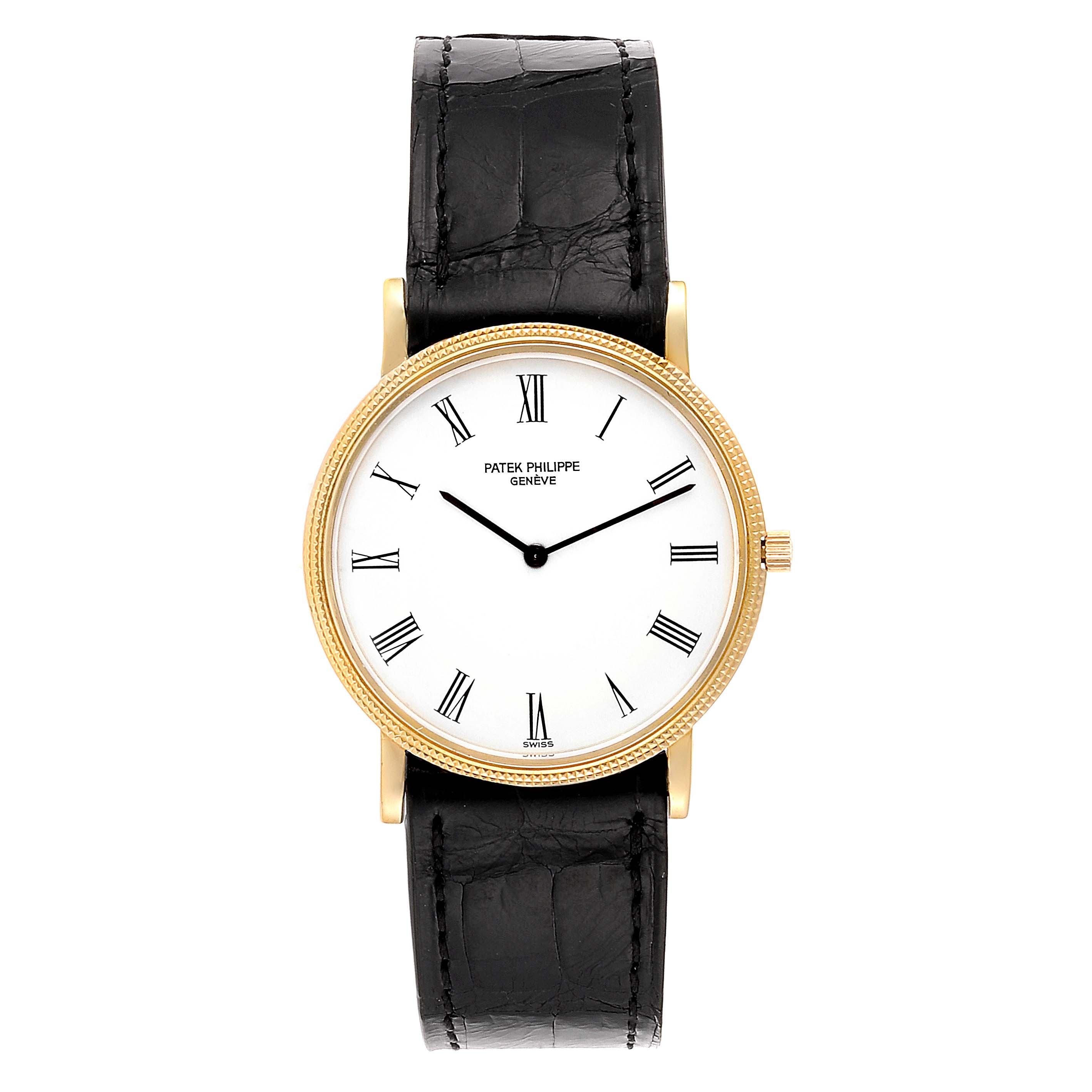 The image shows a front view of a Patek Philippe Calatrava 3520 Men's Yellow Gold White Dial 3520 Men's Yellow Gold White Dial watch with a black leather strap and gold case.