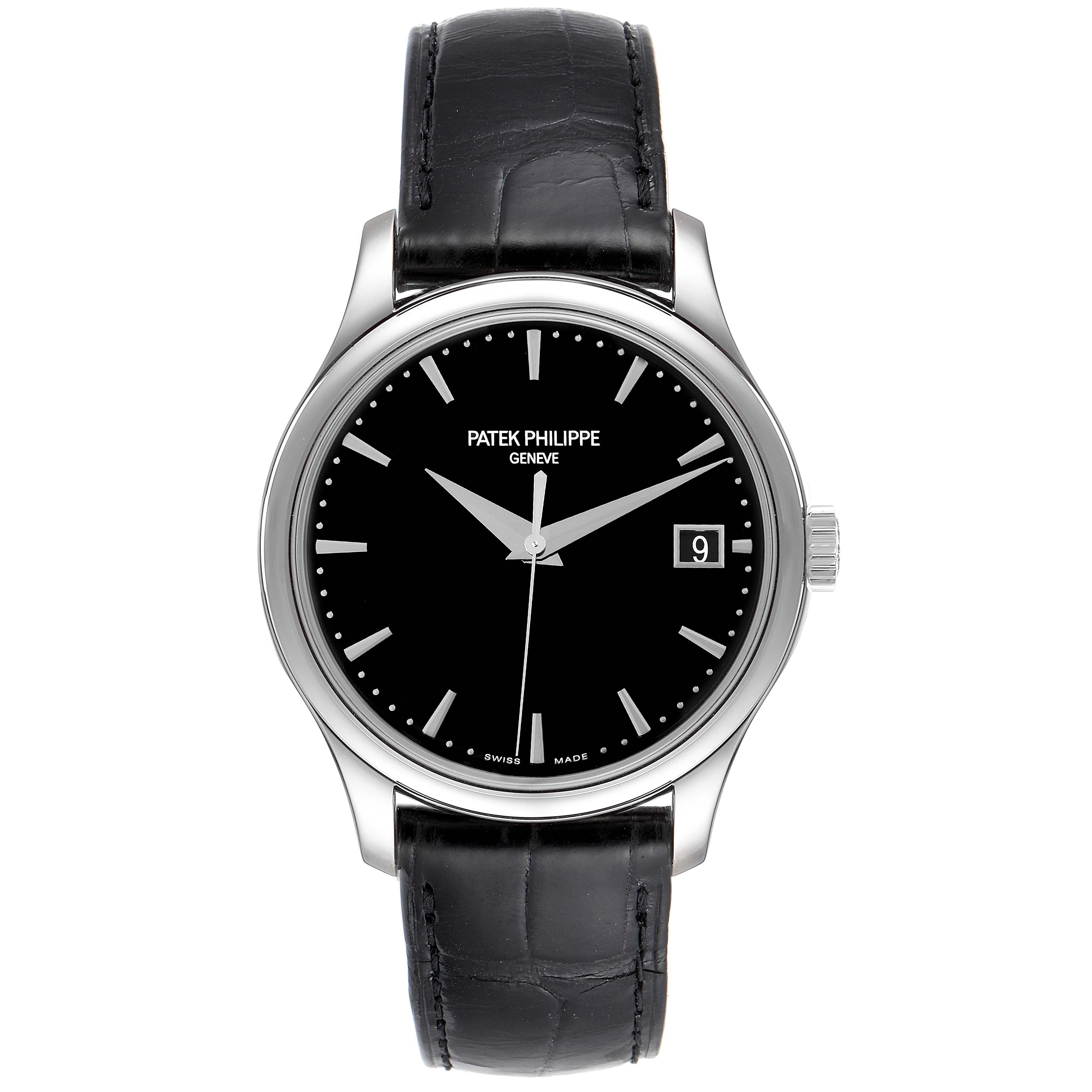 The image shows a front view of a Patek Philippe Calatrava 5227G Men
s White Gold Black Dial 5227G Men
s White Gold Black Dial watch, featuring a black dial and leather strap.