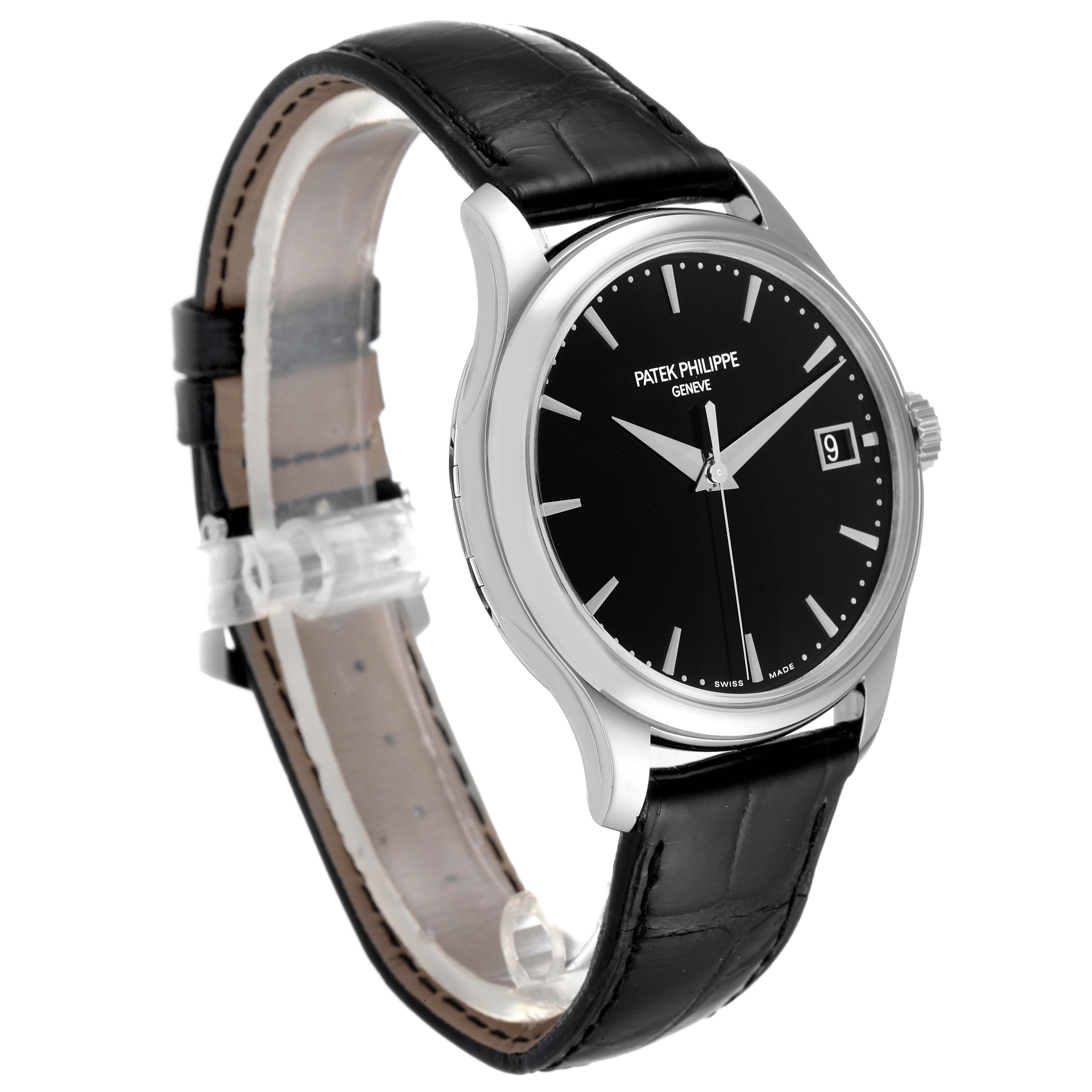 This image shows a Patek Philippe Calatrava 5227G Men
s White Gold Black Dial 5227G Men
s White Gold Black Dial watch at a three-quarter angle, highlighting the face, case, and black leather strap.
