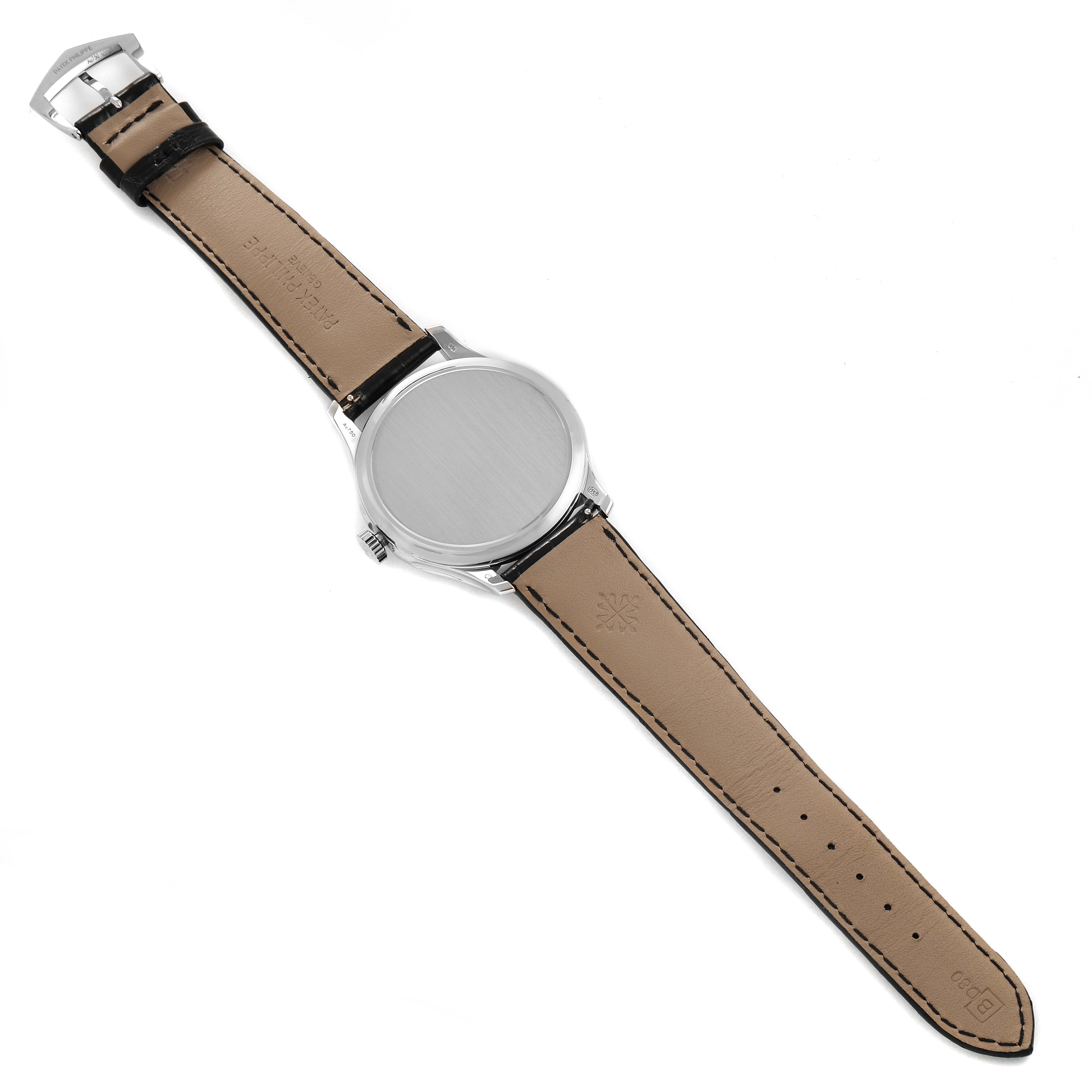 This image shows the back view of a Patek Philippe Calatrava 5227G Men
s White Gold Black Dial 5227G Men
s White Gold Black Dial watch with its leather strap fully displayed.