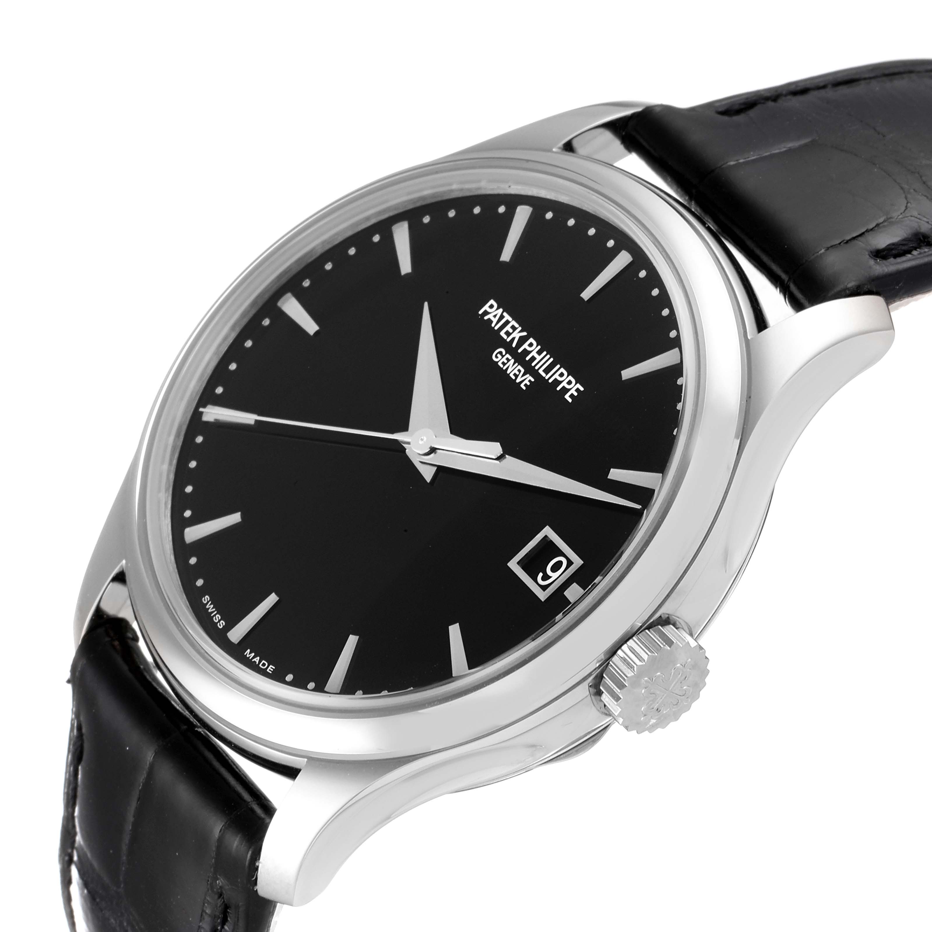 This Patek Philippe Calatrava 5227G Men
s White Gold Black Dial 5227G Men
s White Gold Black Dial watch is shown at a slight angle, displaying the dial, crown, case, and strap.
