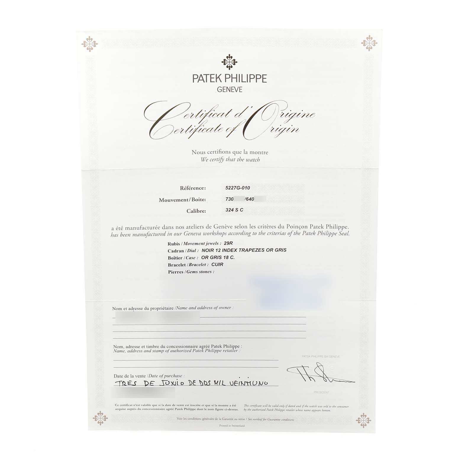 The image shows a Patek Philippe certificate of origin for the Calatrava model.