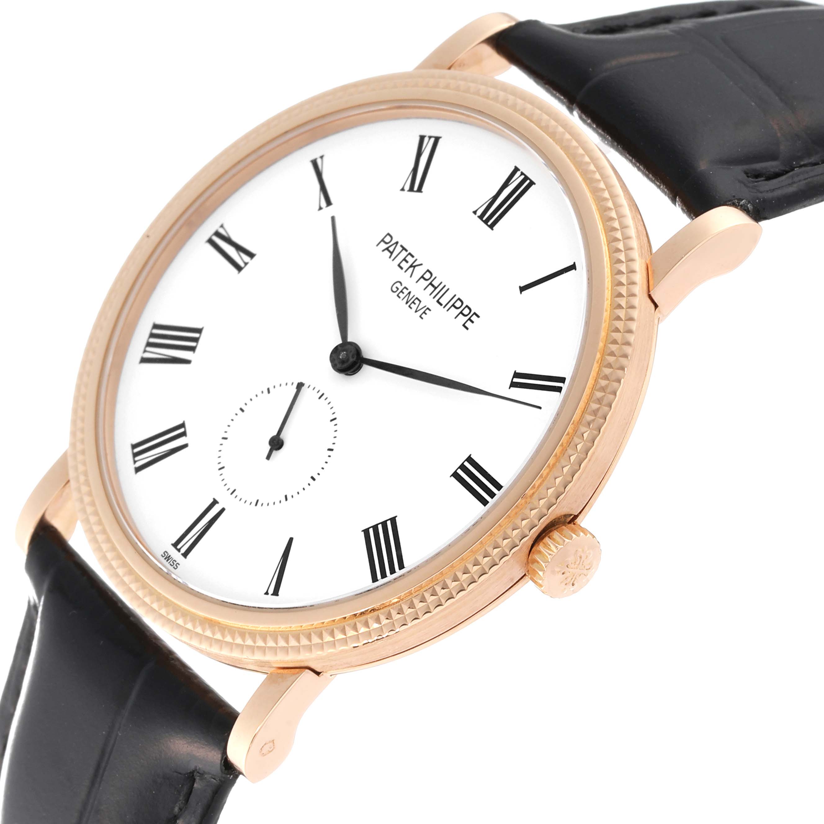 The image shows a Patek Philippe Calatrava 5119R Men's Rose Gold White Dial 5119R Men's Rose Gold White Dial watch angled from the front-side, displaying its dial, crown, and black leather strap.