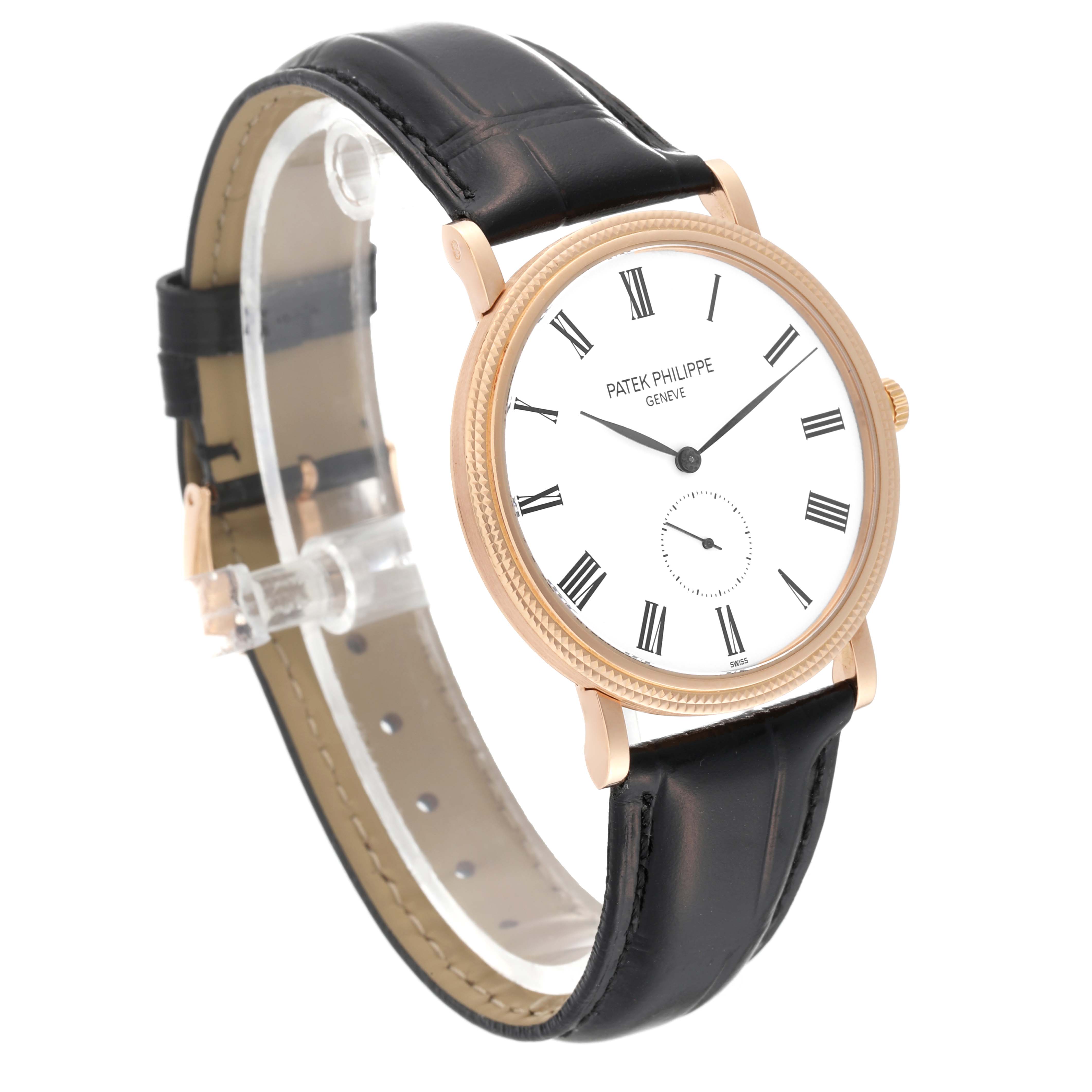 The Patek Philippe Calatrava 5119R Men's Rose Gold White Dial 5119R Men's Rose Gold White Dial watch is shown at a slight angle, highlighting the face, bezel, and black leather strap.