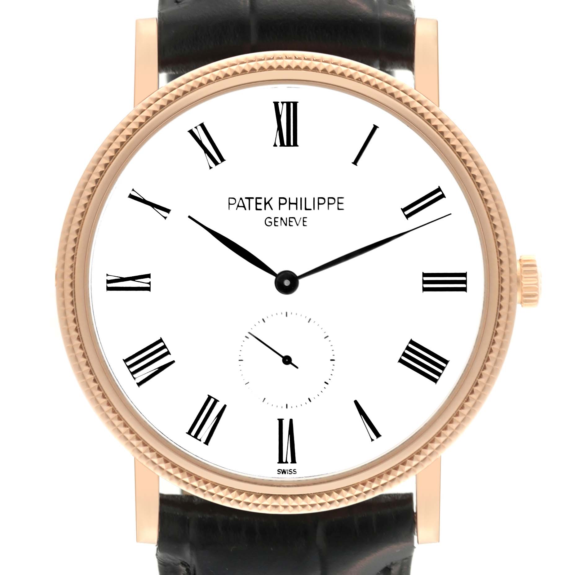 This image shows a front view of the Patek Philippe Calatrava 5119R Men's Rose Gold White Dial 5119R Men's Rose Gold White Dial watch, highlighting its face, Roman numerals, hands, and bezel.